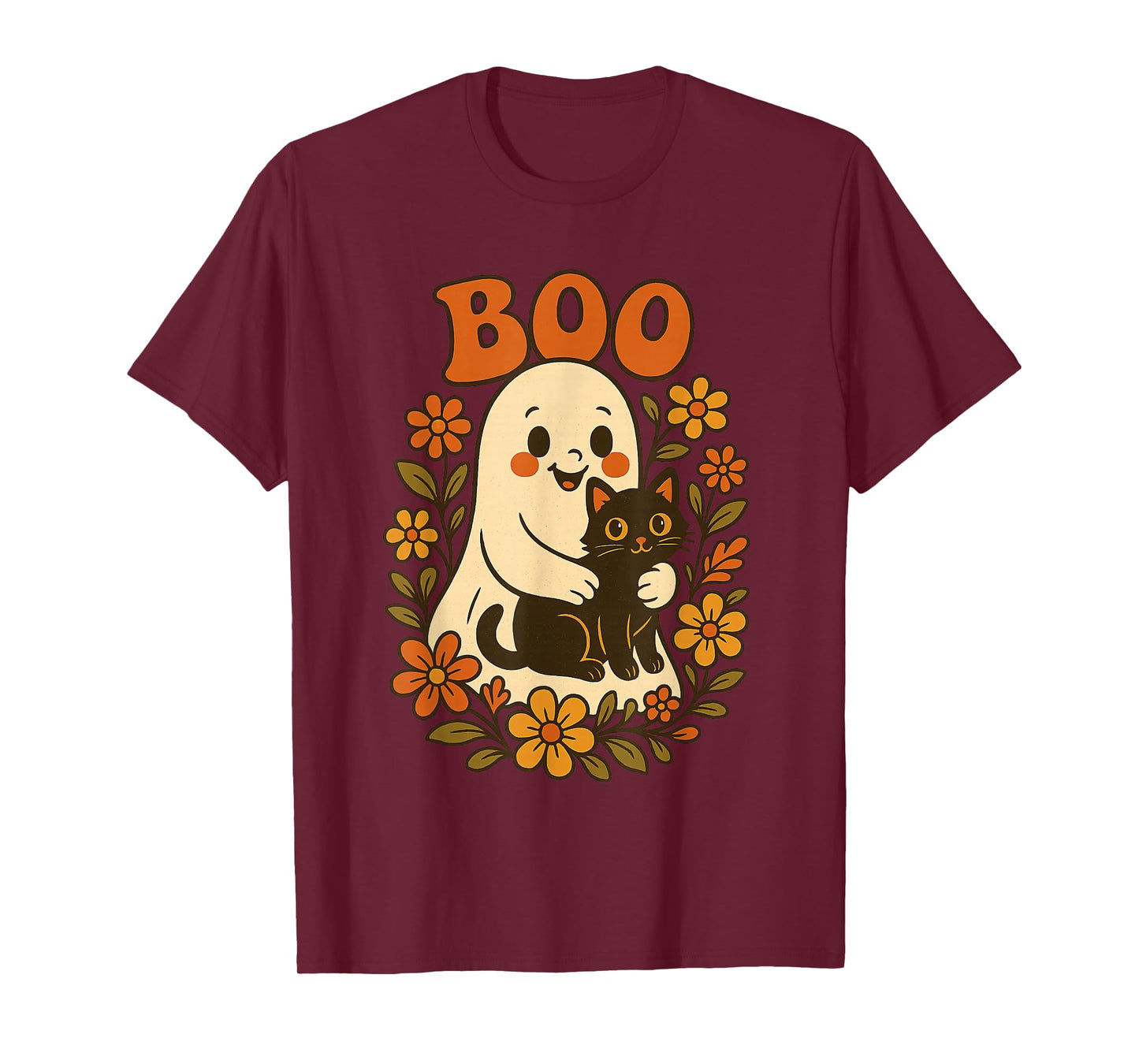 Vintage Halloween Ghost Holding Black Cat Groovy Floral T-Shirt