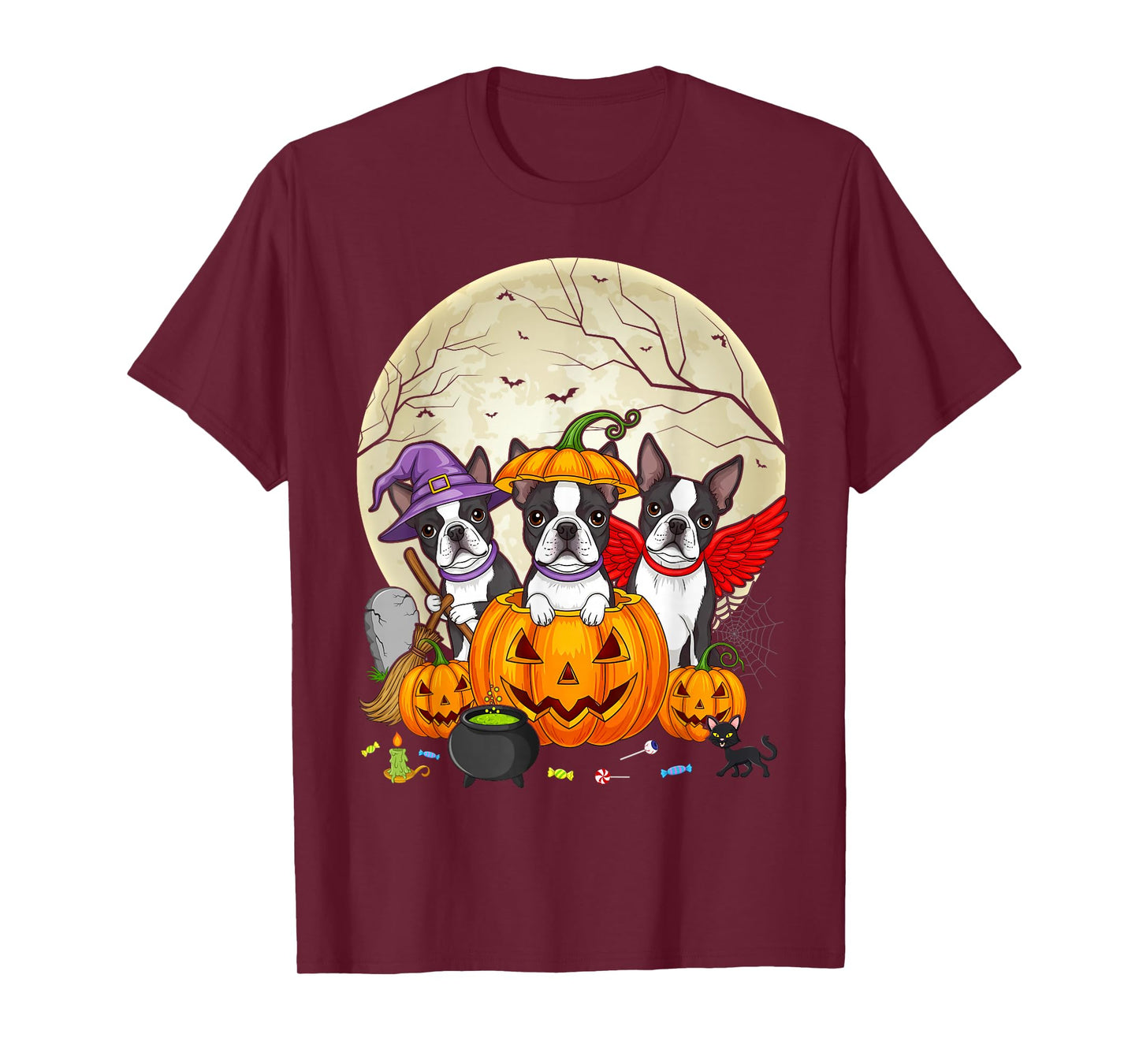 Funny Pumpkin Witch Boston Terrier Dog Halloween T-Shirt