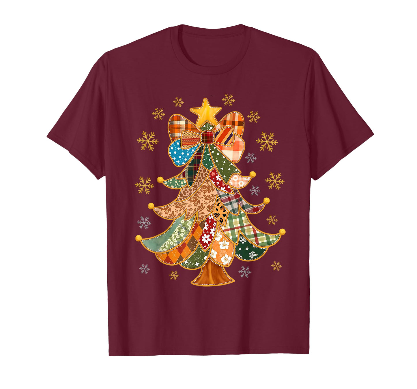 Christmas Tree Patchwork Coquette Bow Xmas Snowflake Holiday T-Shirt