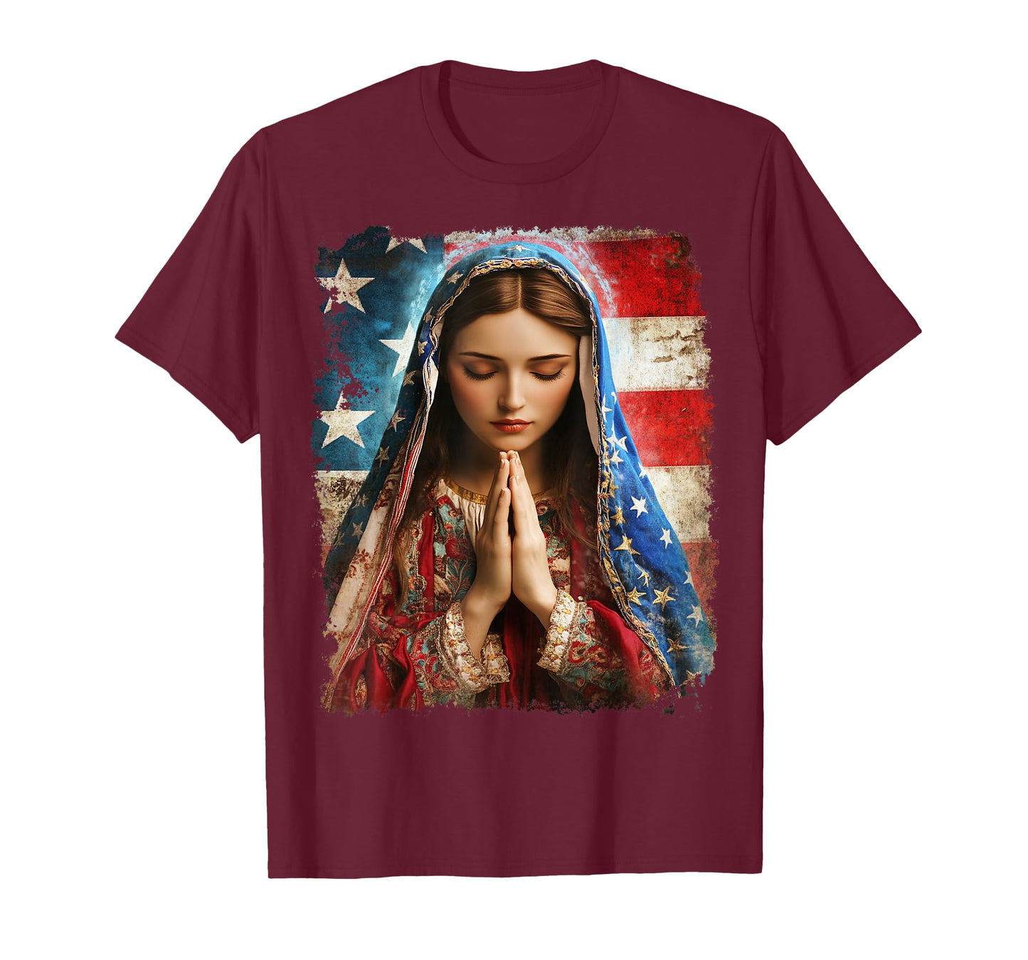 US Flag American The Virgin Mary Religious Christian T-Shirt