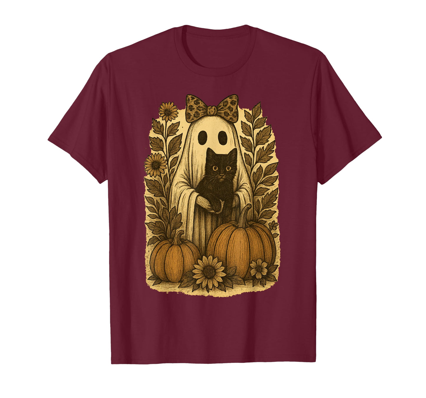 Vintage Halloween Ghost Holding Black Cat Groovy Floral T-Shirt