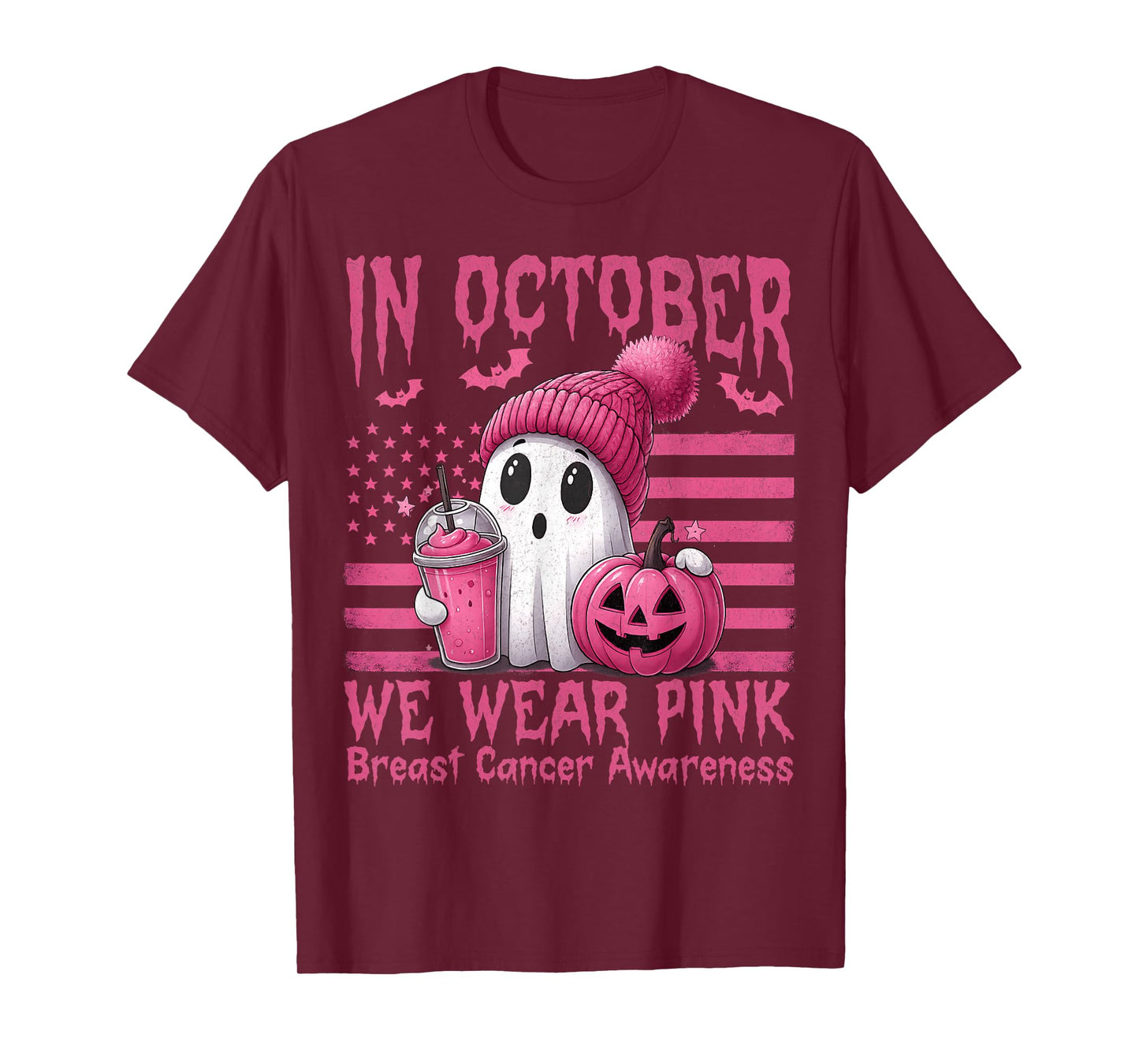 in October We Wear Pink Ghost Witch Breast Cancer Awareness T-Shirt