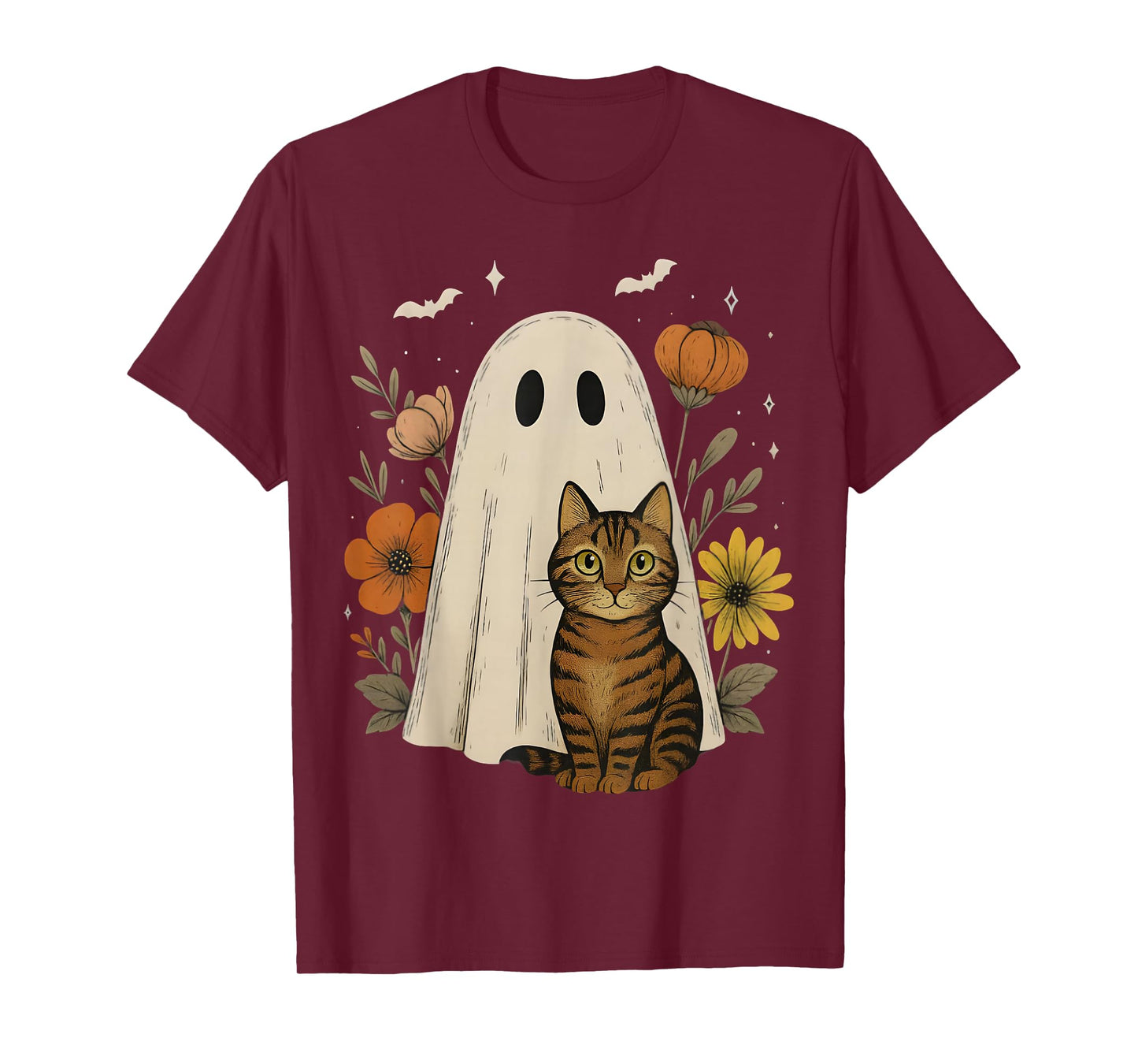 Vintage Halloween Ghost Tabby Cat Groovy Floral Funny Boo T-Shirt