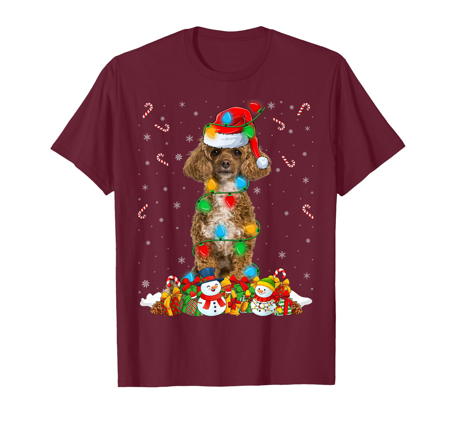 Poodle Dog Christmas Lights Funny Santa Hat Xmas T-Shirt