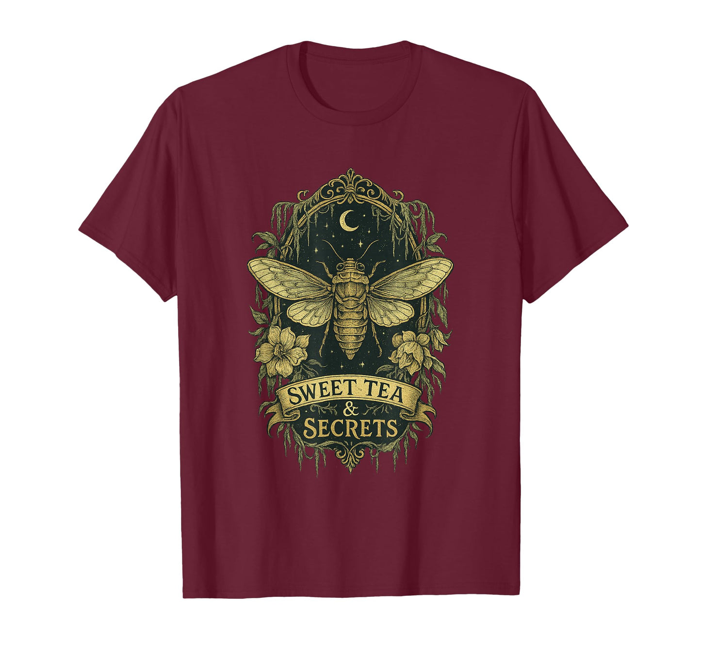 Southern Gothic Summer Sweet Tea and Secrets Cicada Moth Art T-Shirt