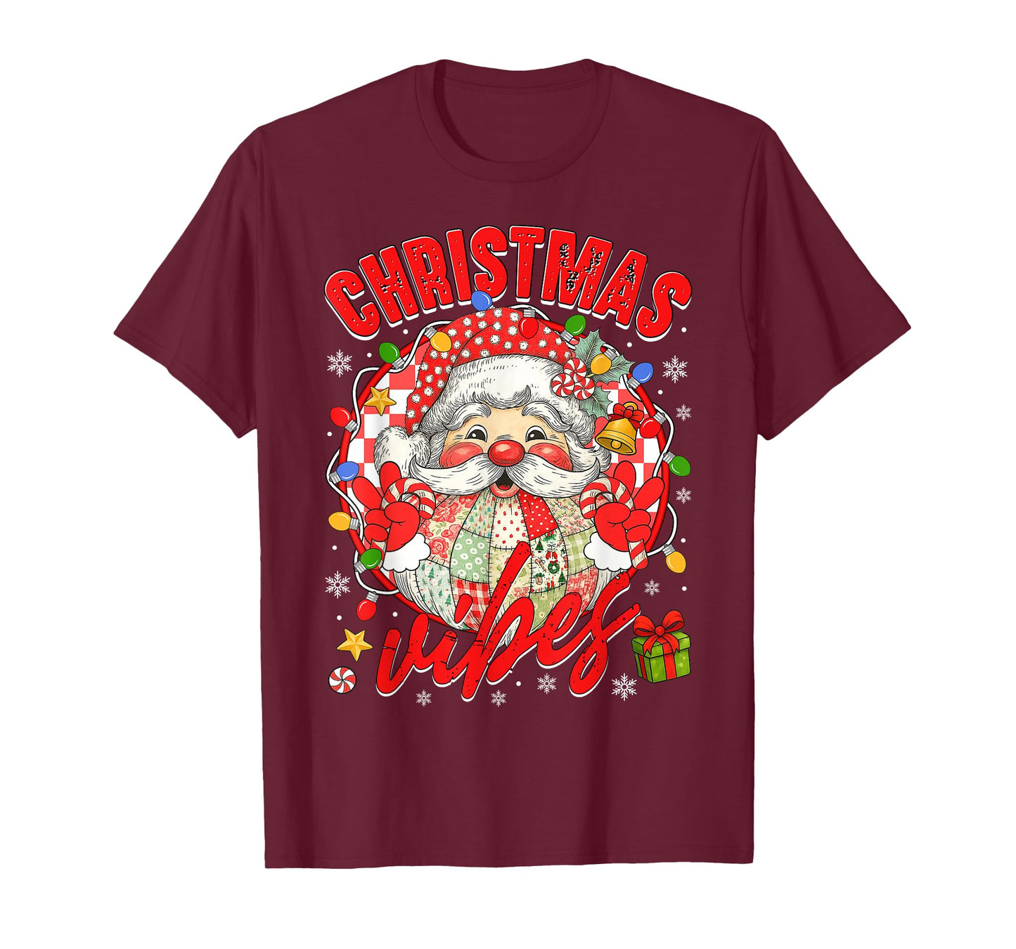 Vintage Patchwork Santa Claus Christmas Vibes Xmas Women Kid T-Shirt