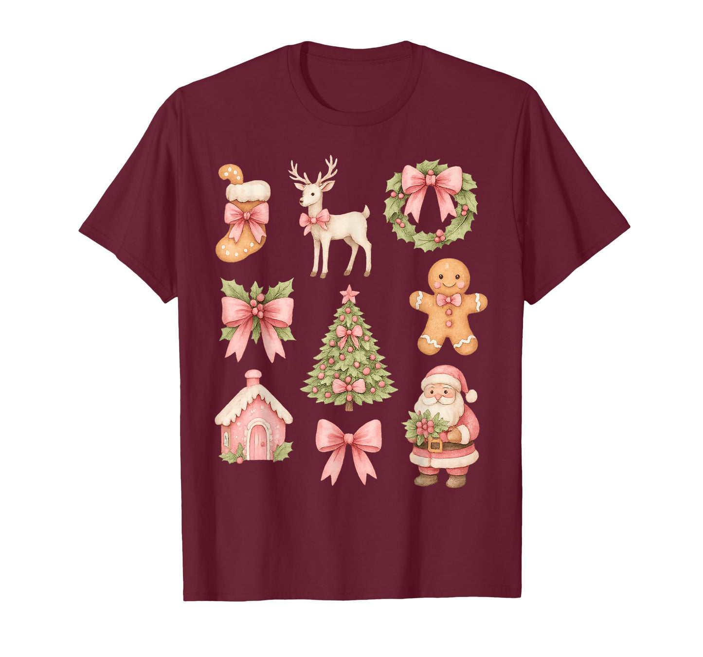 Preppy Coquette Bow Pink Christmas Tree Santa Gingerbread T-Shirt