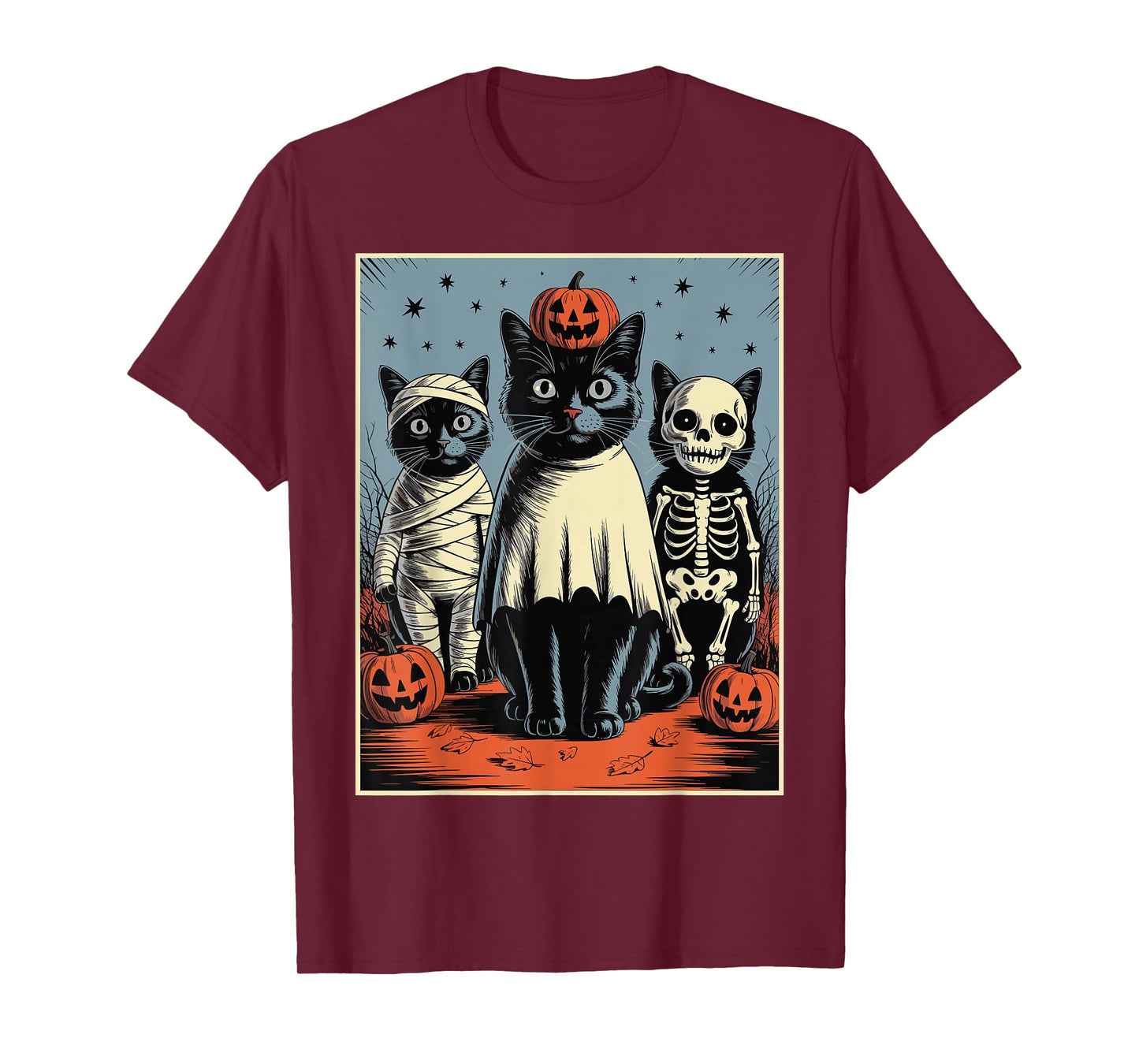 Retro Black Cat Witch Scary Halloween Pumpkin Women Men Kids T-Shirt