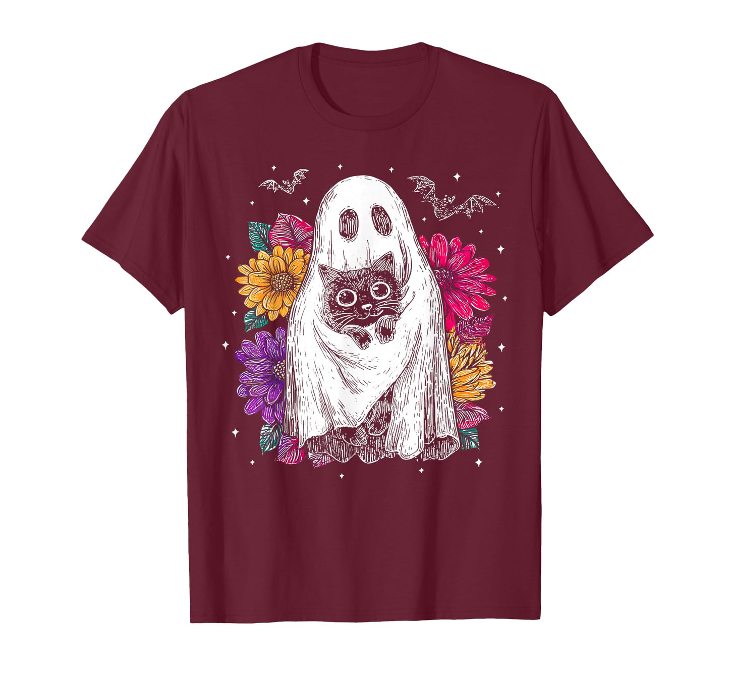 Spooky Ghost Holding Black Cat Groovy Floral Halloween Goth T-Shirt