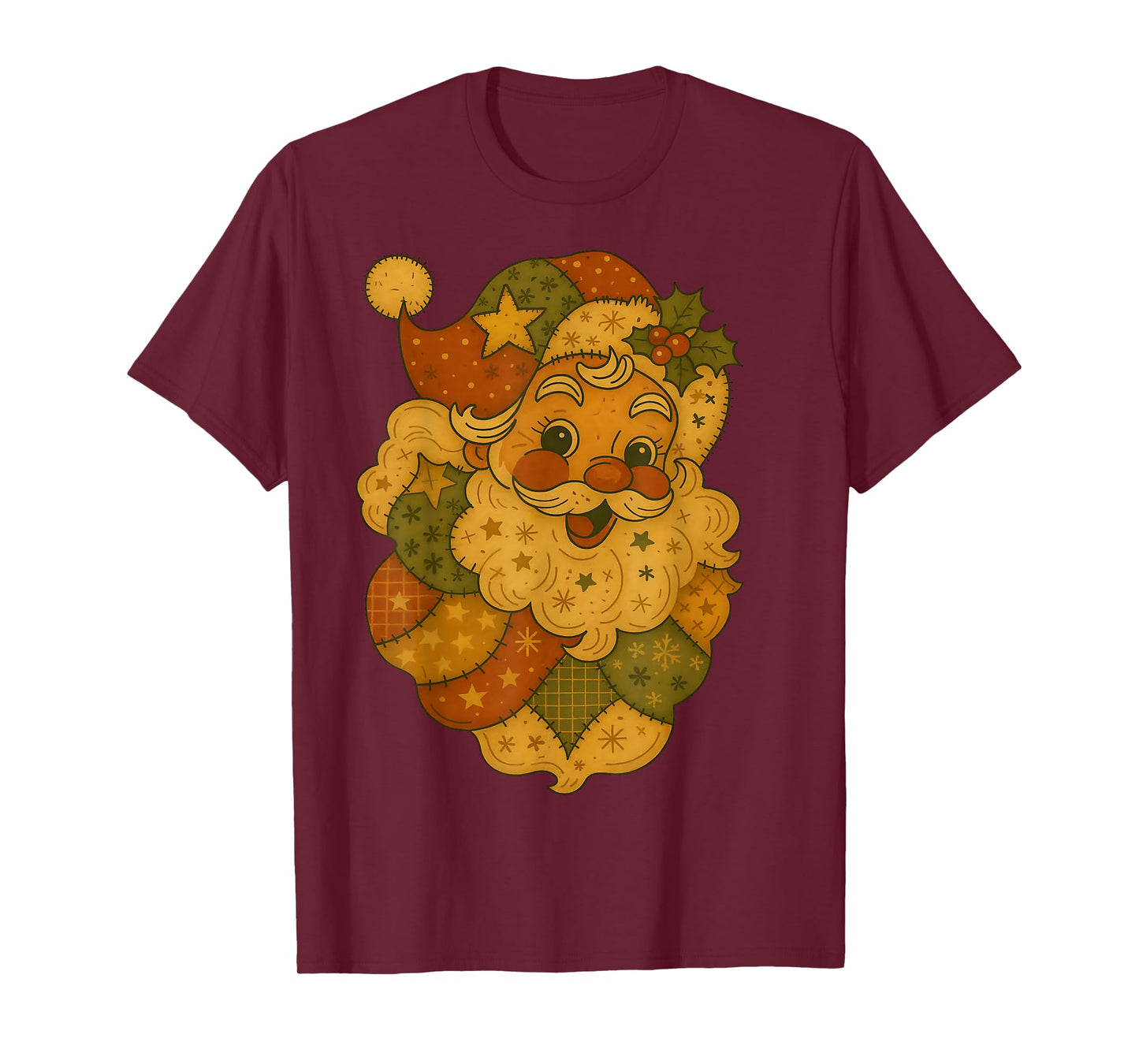 Patchwork Santa Claus Face Vintage Christmas Folk Art T-Shirt