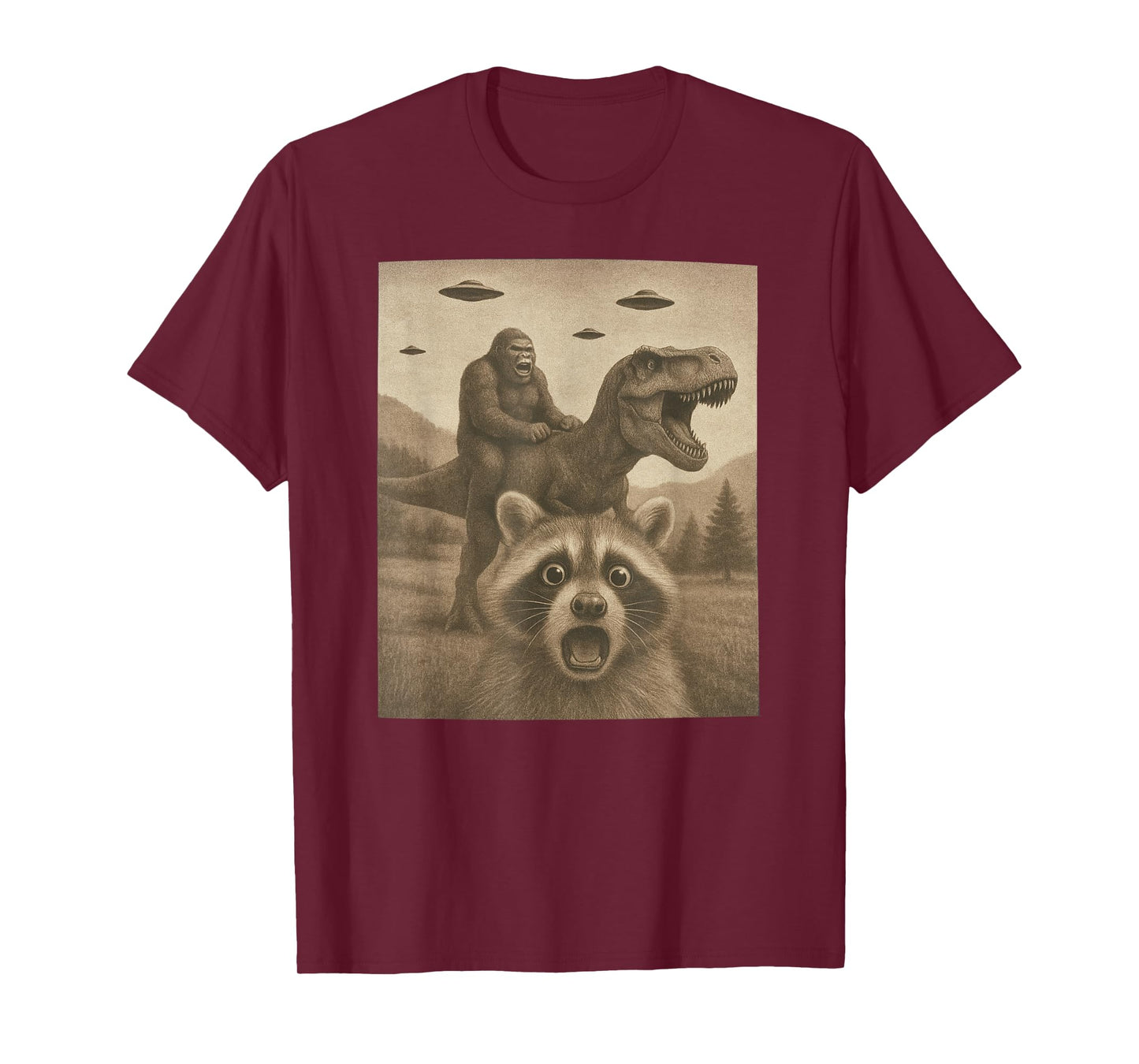 Funny Racoon Selfie Bigfoot Riding T rex UFO Bigfoot T-Shirt