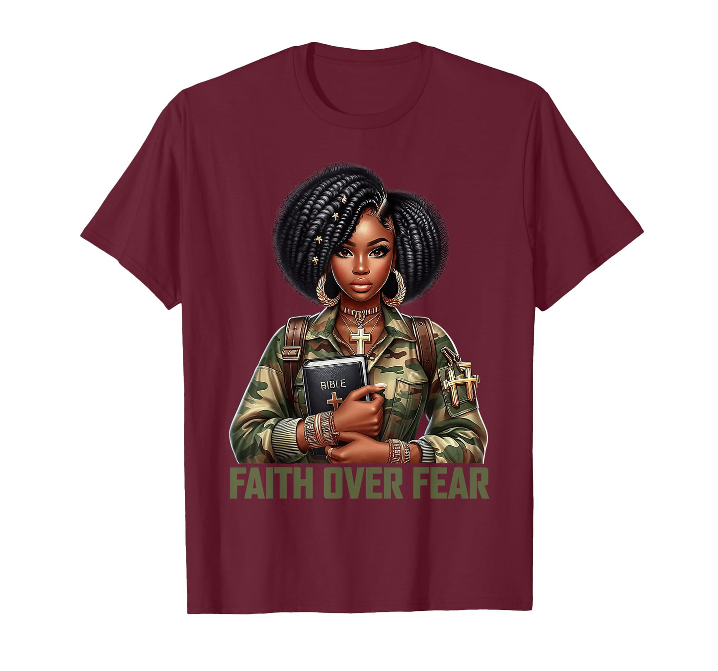 Faith Over Fear Christian Camo African American Afro Women T-Shirt