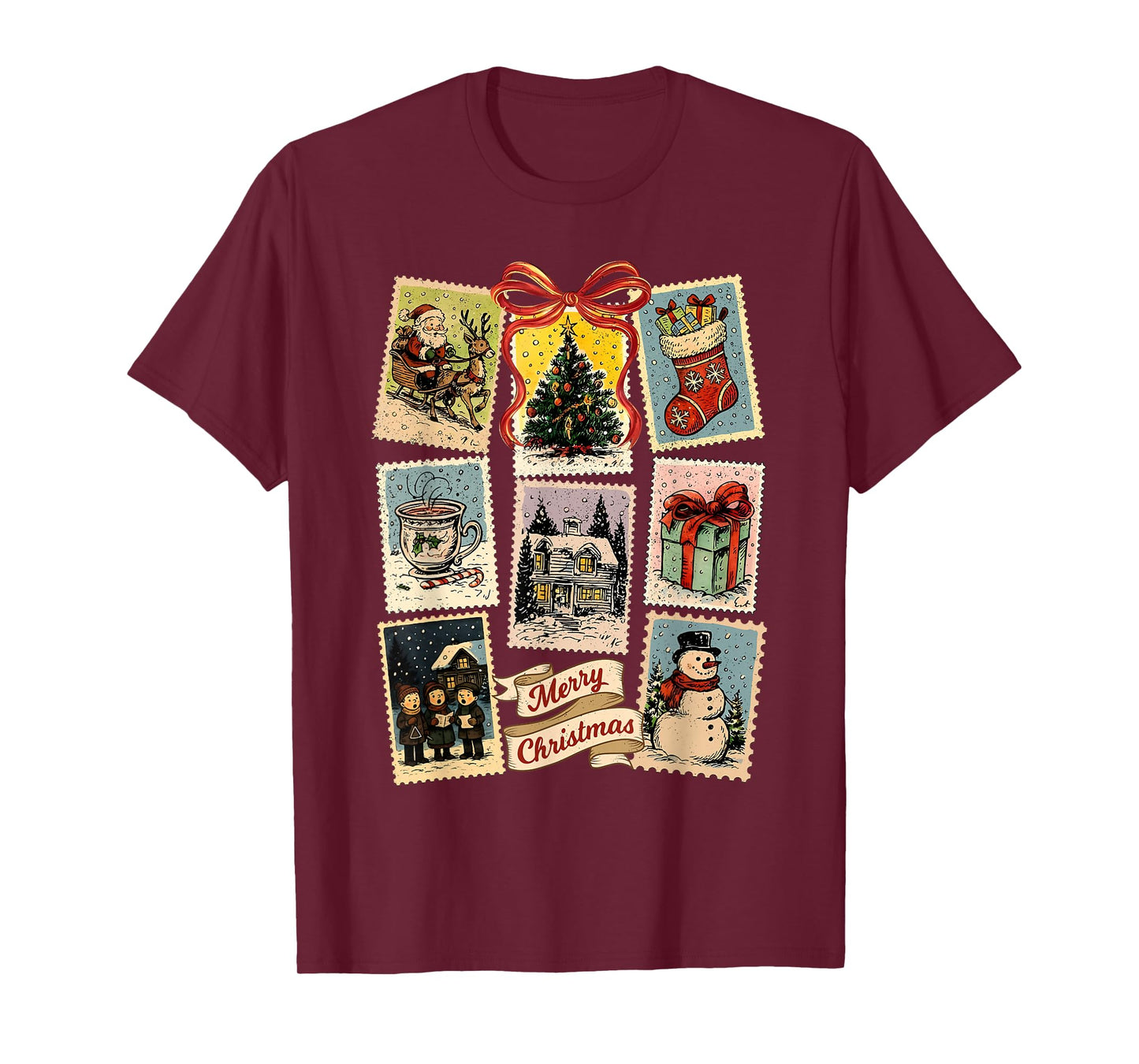 Vintage Retro Merry Christmas Stamps Santa Claus Xmas Tree T-Shirt