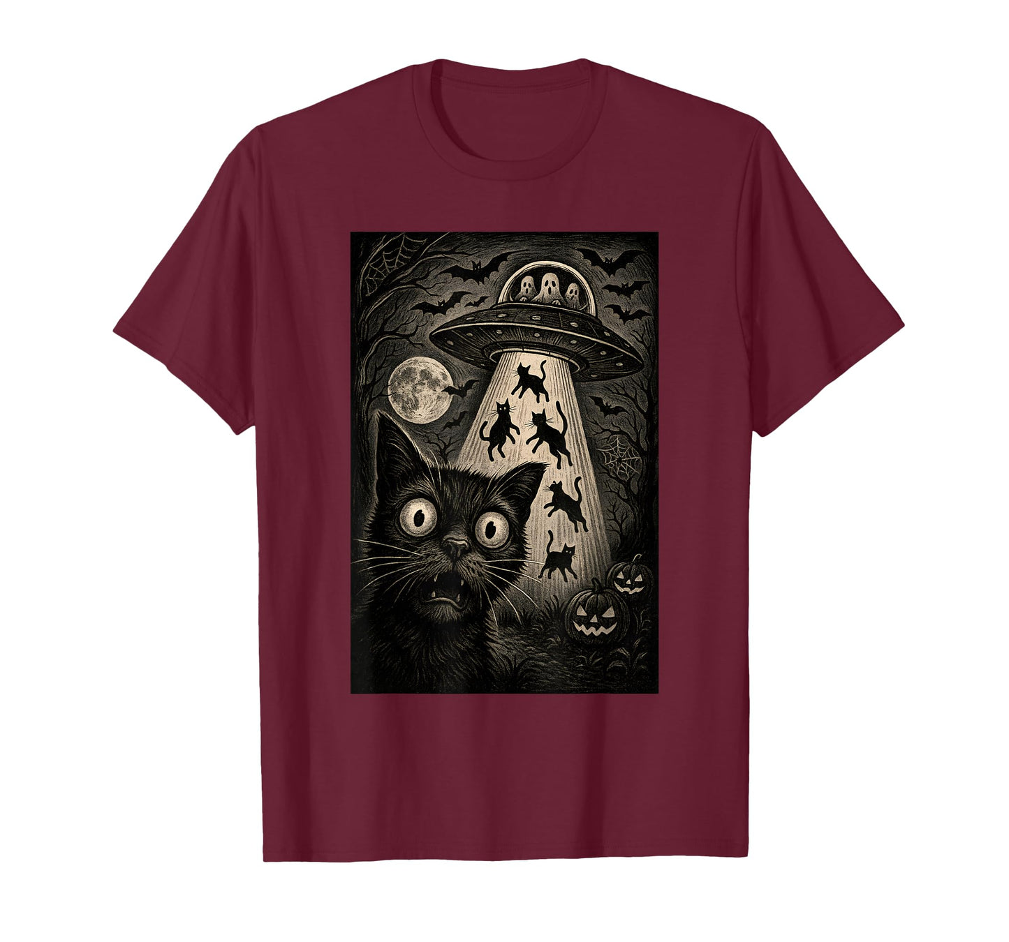 Halloween Cat Selfie Spooky Night Alien Abduction Cats UFO T-Shirt