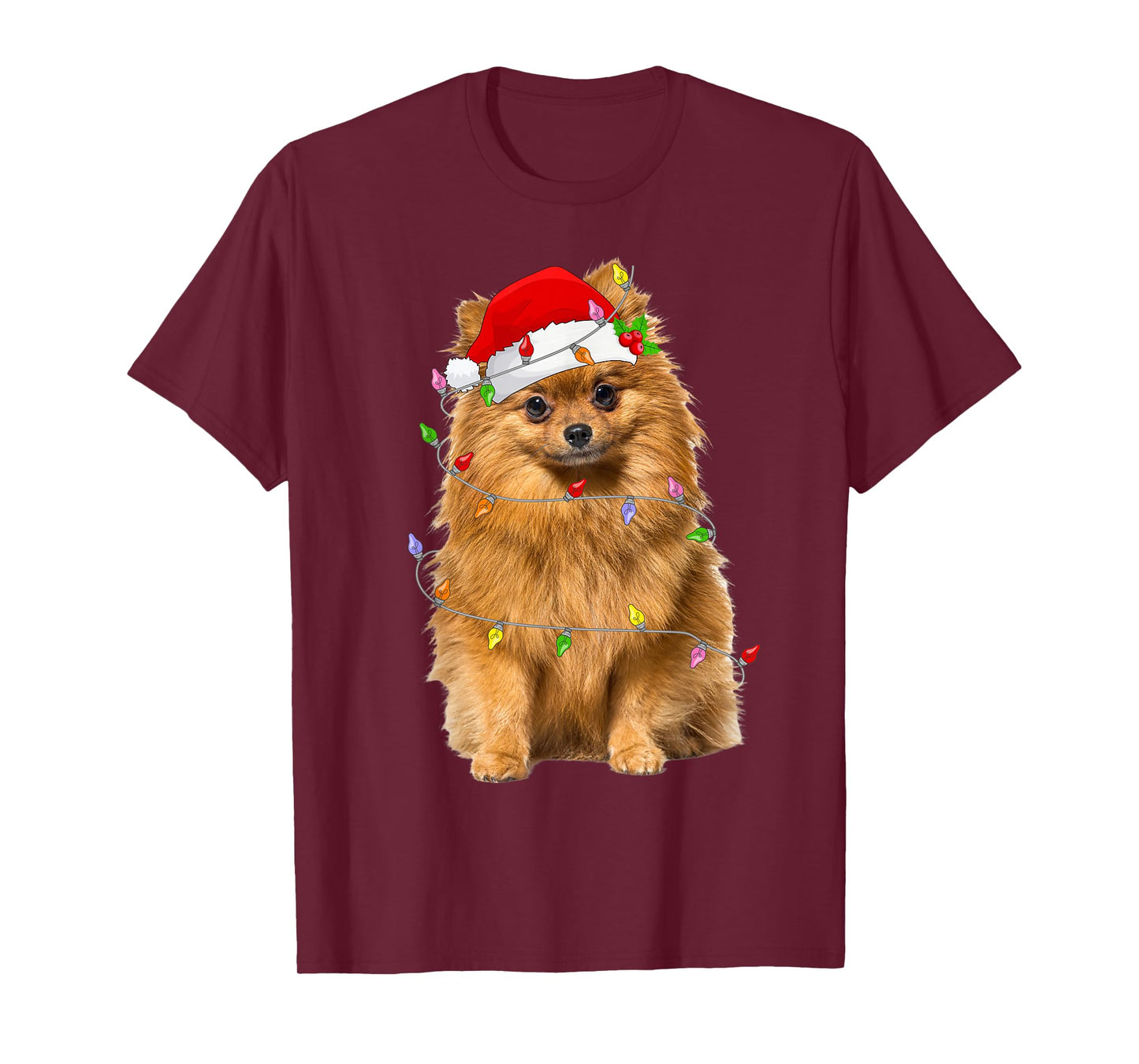 Pomeranian Christmas Santa Hat Lights Funny Pet Dog Xmas T-Shirt