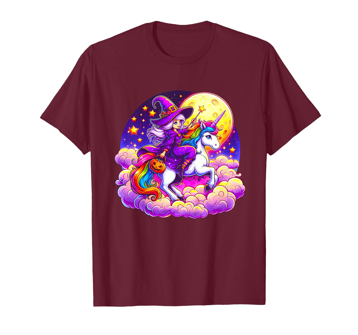 Kids Cute Witch Riding a Unicorn Magical Rainbow Girls Halloween T-Shirt