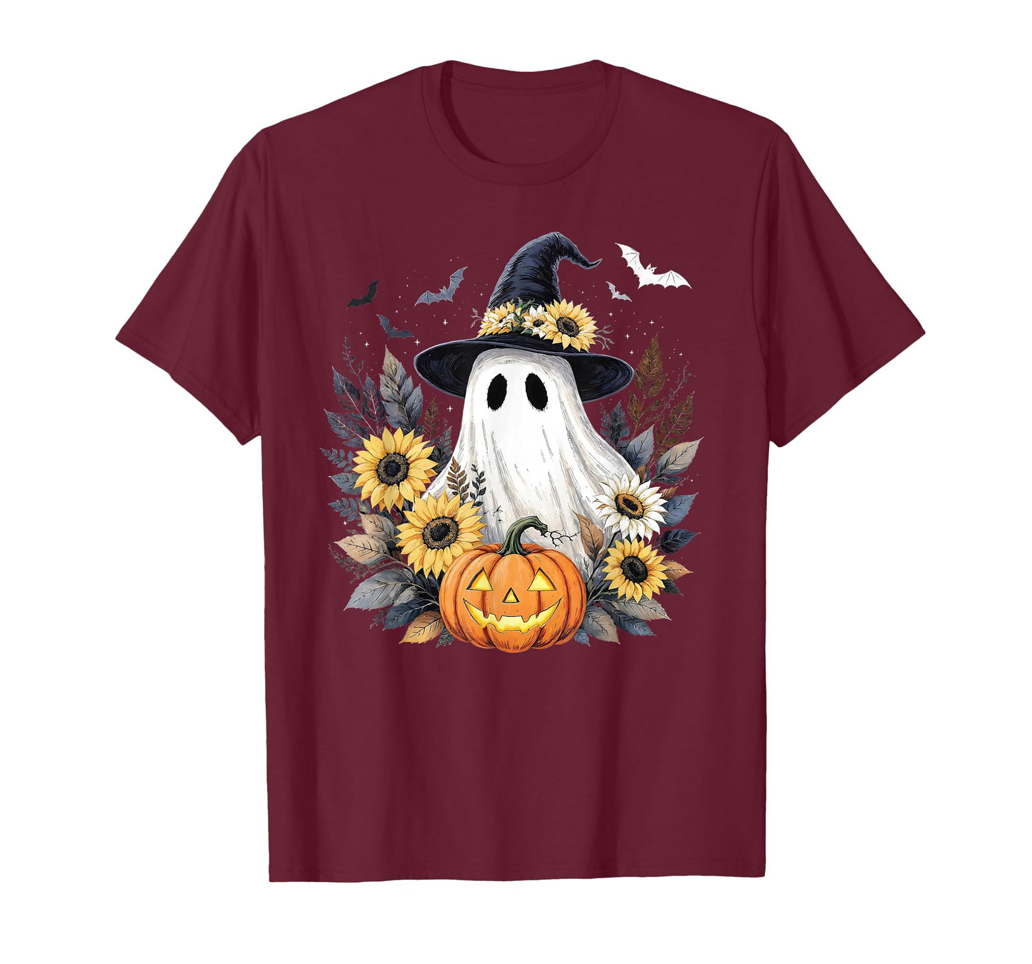 Cute Ghost Witch Hat Pumpkin Sunflower Womens Halloween T-Shirt