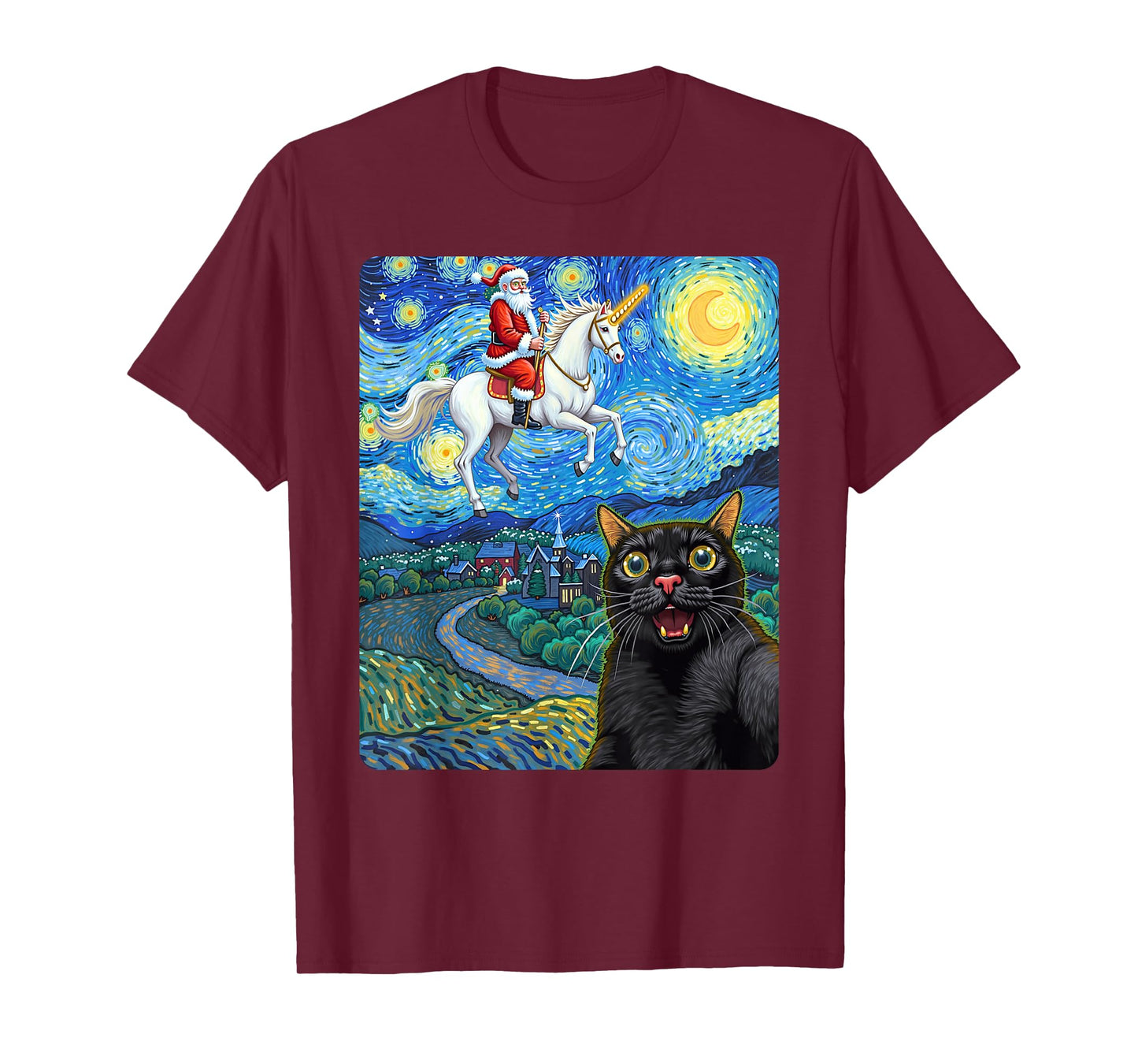 Black Cat Selfie with Santa Unicorn Starry Night Oil Paint T-Shirt