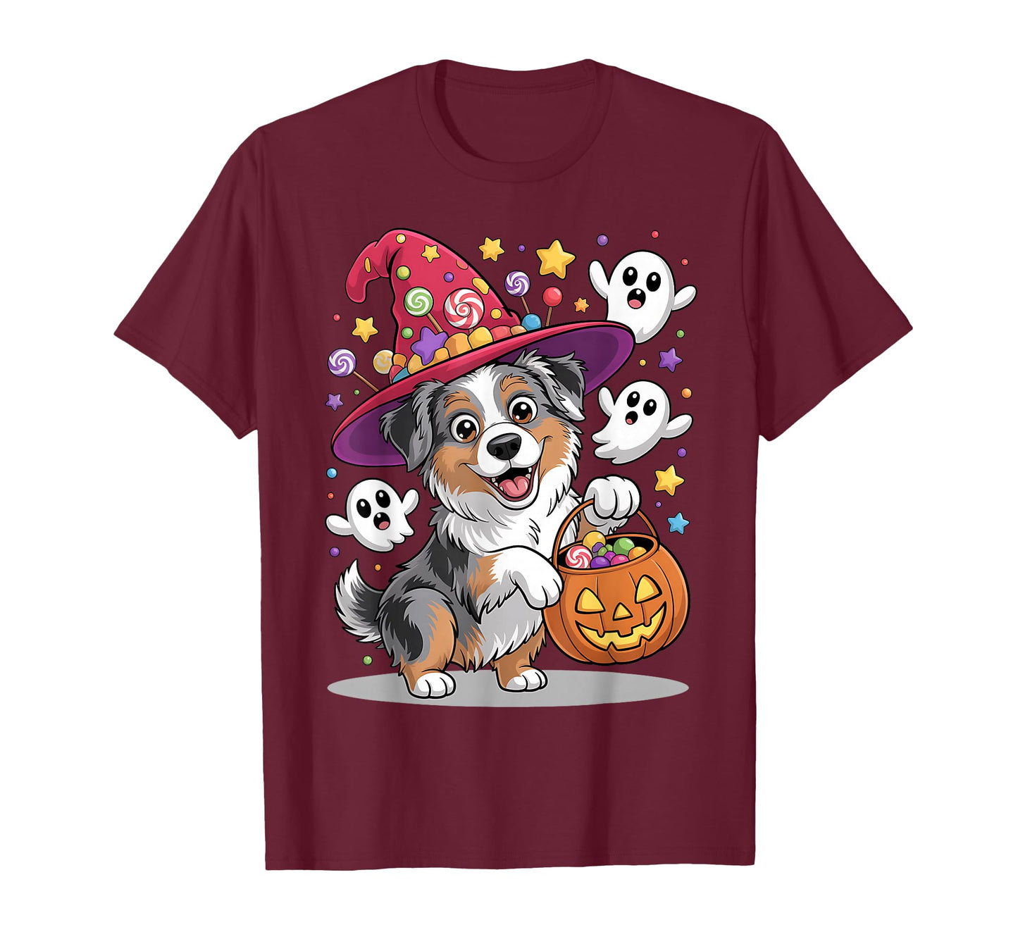 Australian Shepherd Dog Pumpkin Ghost Candy Witch Halloween T-Shirt