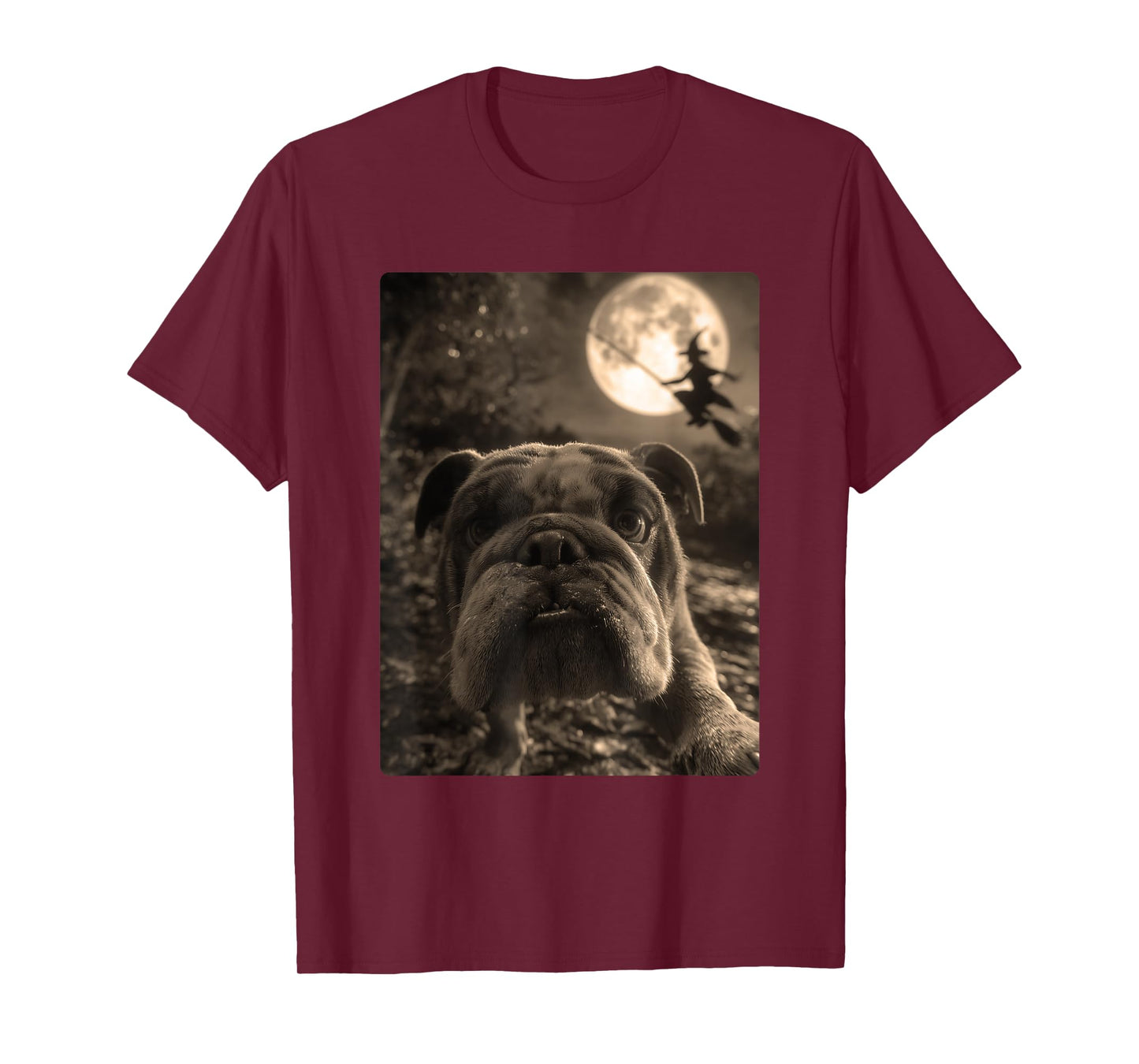 British Bulldog Selfie Full Moon Flying Witch Halloween Dog T-Shirt