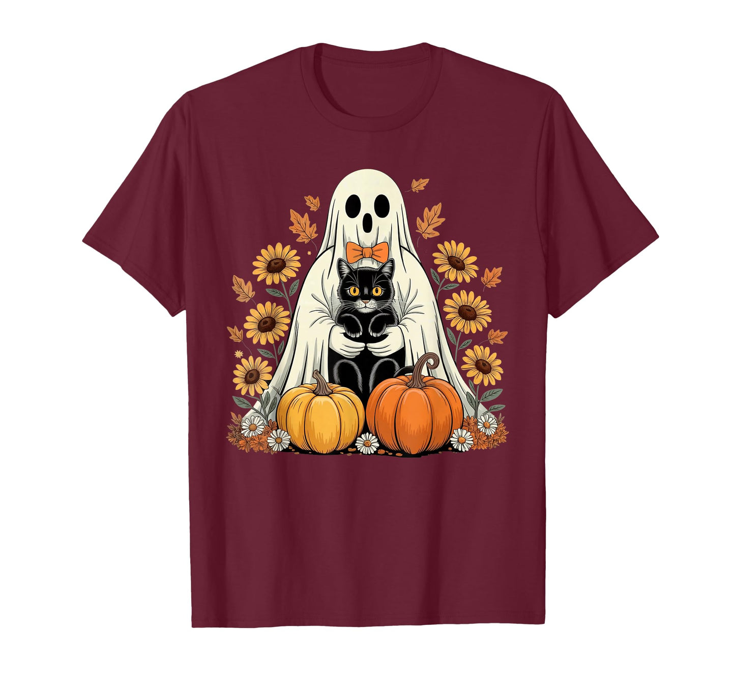 Womens Halloween Ghost Black Cat Ghost Halloween Girls T-Shirt
