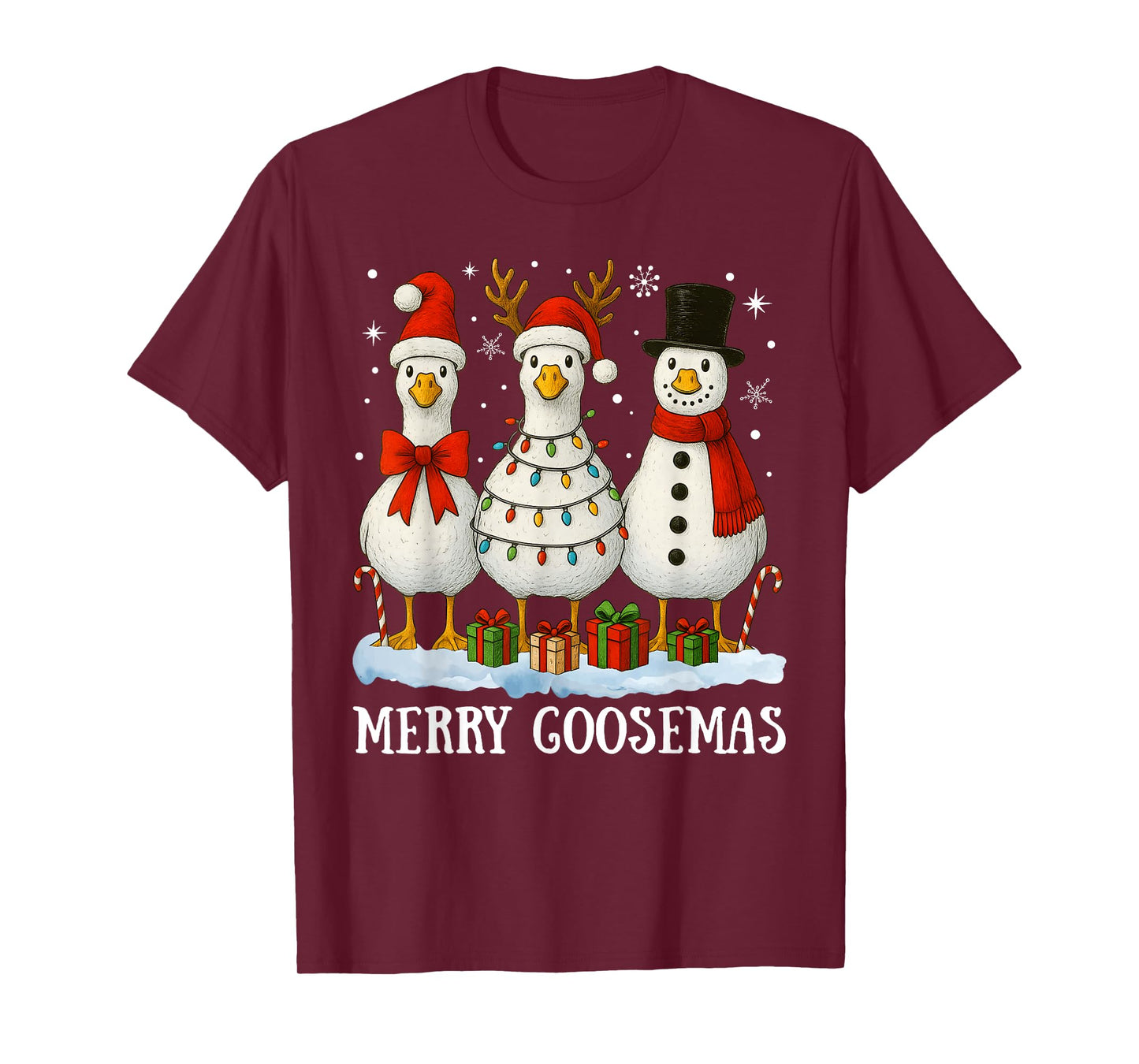 Funny Just A Merry Goosmas Santa Snowman Reindeer Goose T-Shirt