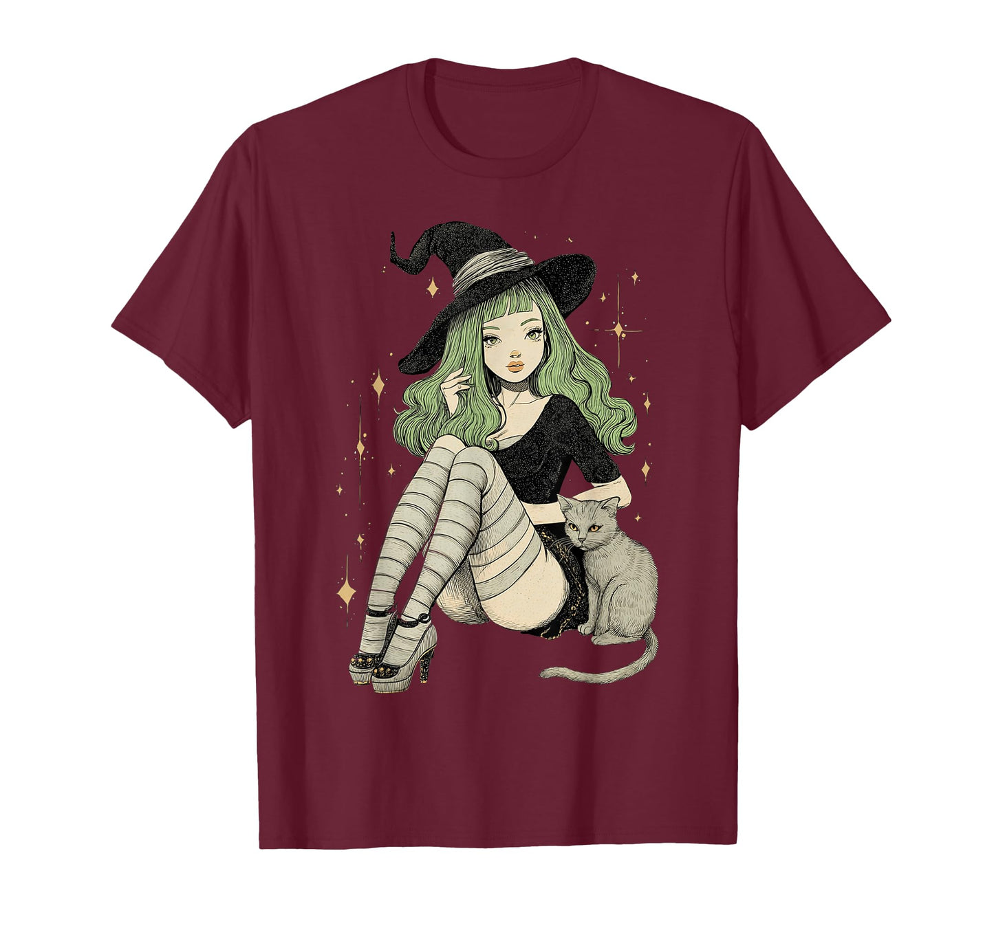 Sexy Witch Green Hair Black White Stripes Halloween Cat Mom T-Shirt