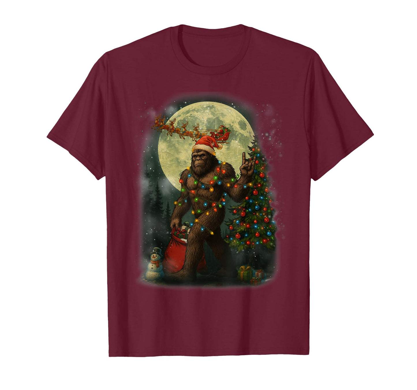 Big Foot Rock On Santa Snowman Christmas Tree Xmas Men Boys T-Shirt