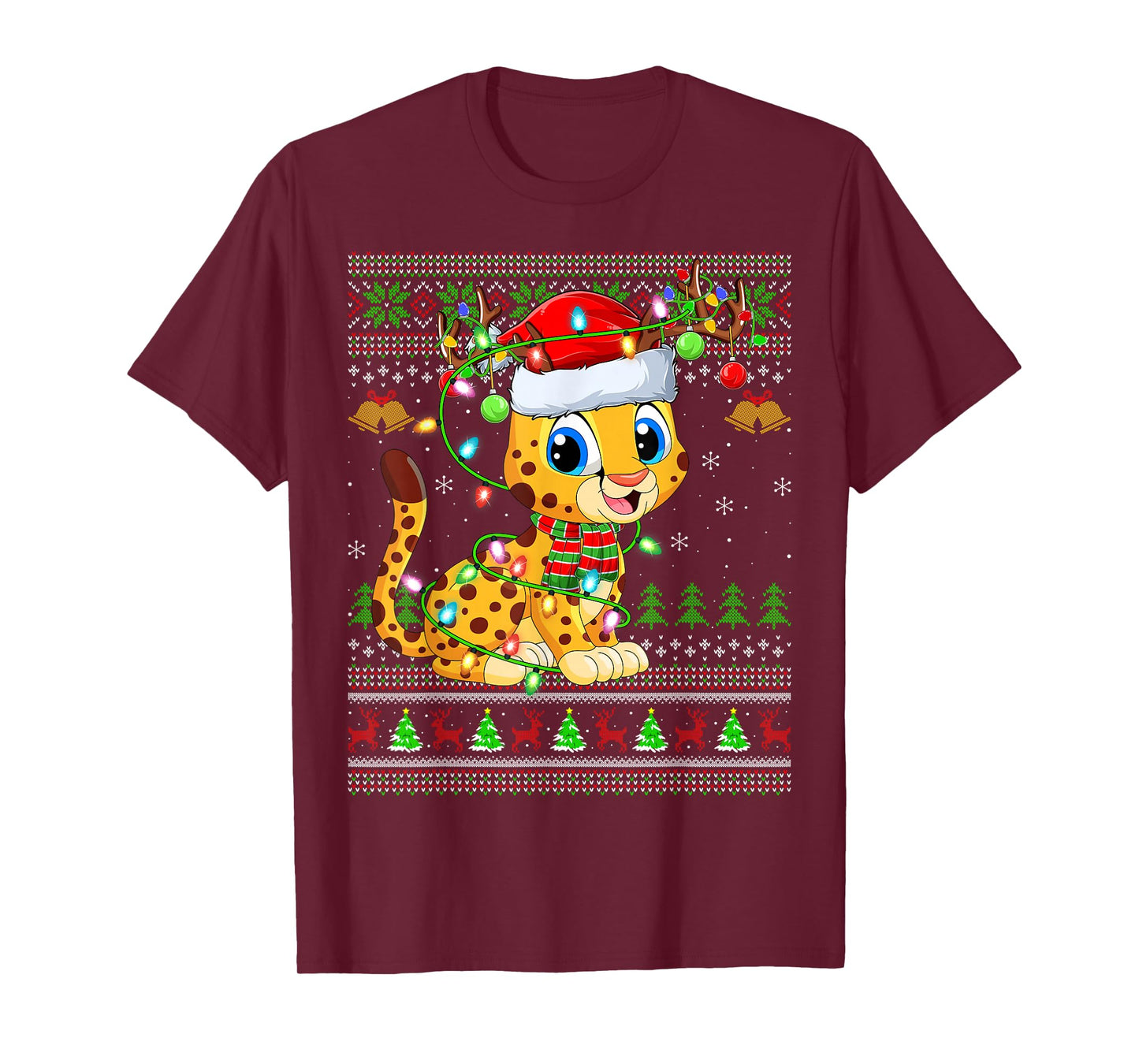 Cheetah Ugly Christmas Sweaters Holiday Santa Cute Xmas T-Shirt