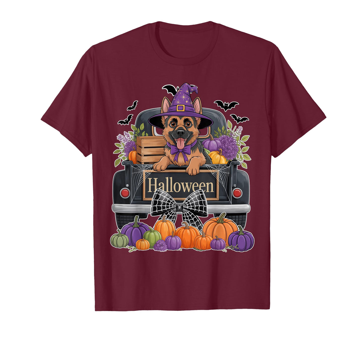 German Shepherd Witch Hat Truck Pumpkin Dog Lovers Halloween T-Shirt