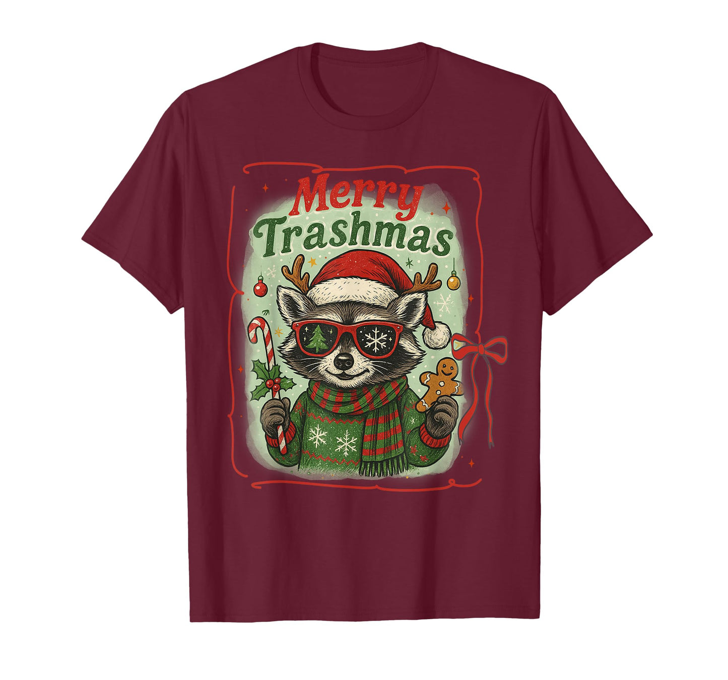 Vintage Raccoon Santa Hat Merry Trashmas Christmas Bow Xmas T-Shirt