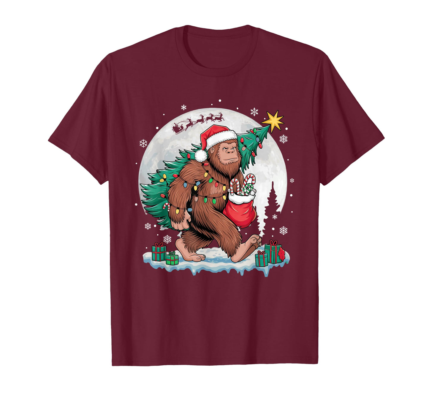 Christmas Bigfoot Santa Tree Sleigh Moon Funny Xmas Pajamas T-Shirt