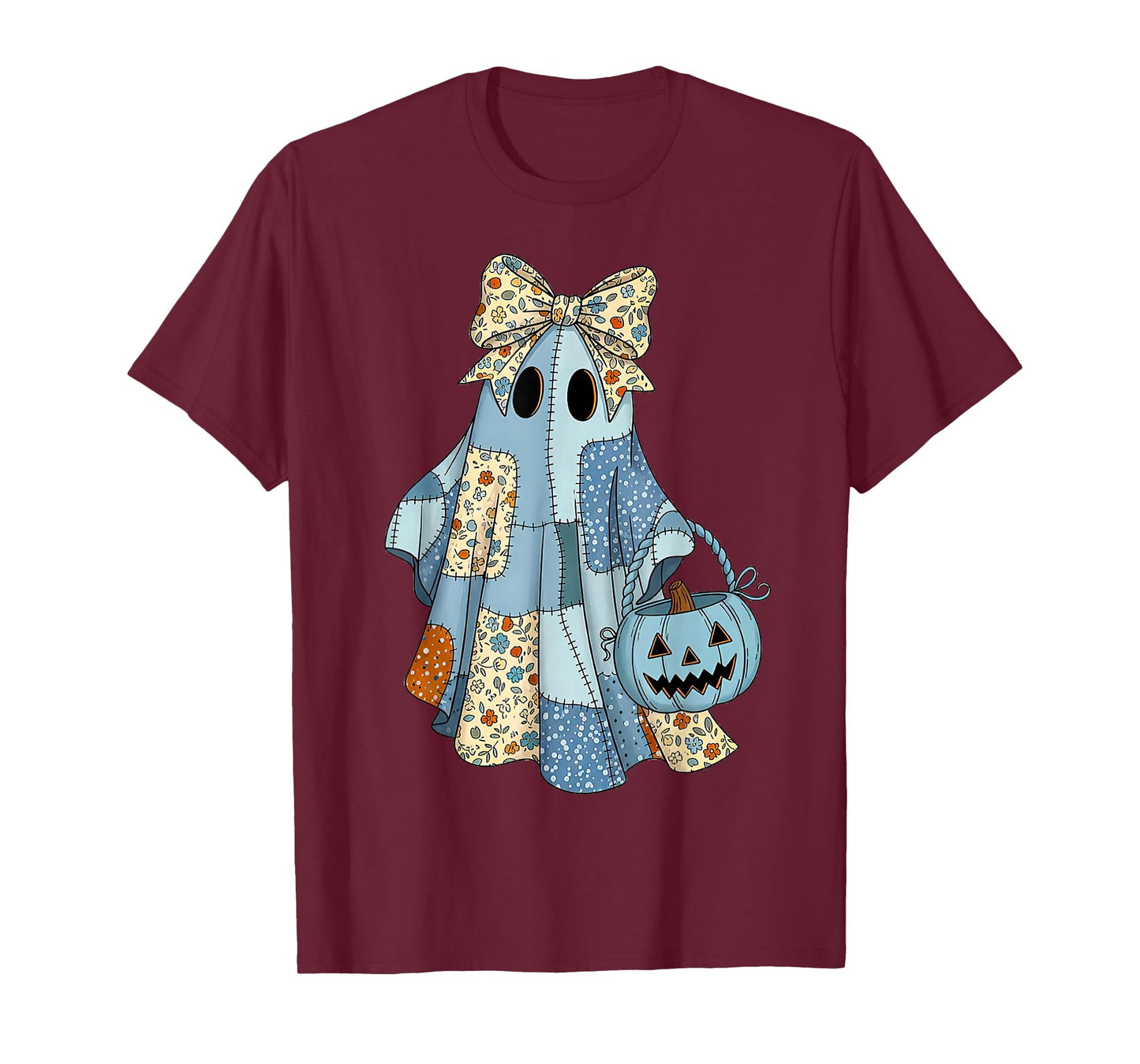 Retro Blue Denim Ghost Floral Patchwork Cute Boo Halloween T-Shirt