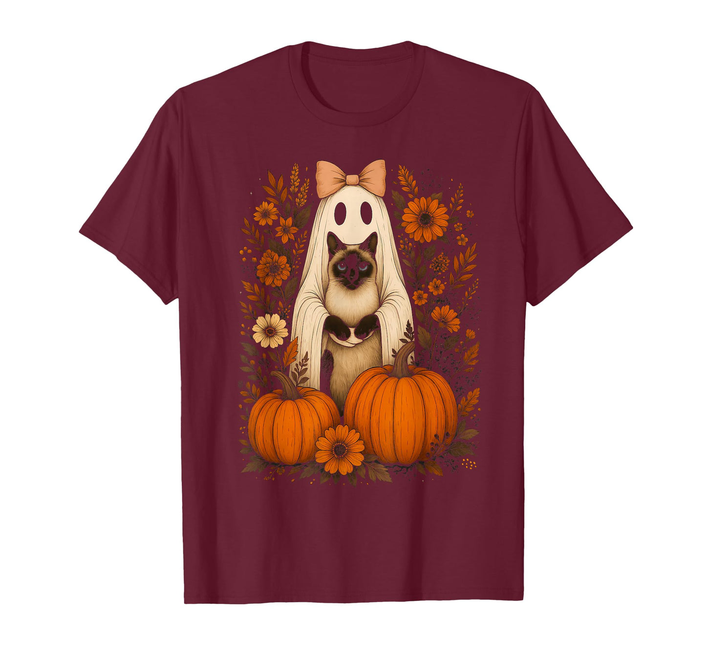 Vintage Halloween Ghost Holding Siamese Cat T-Shirt