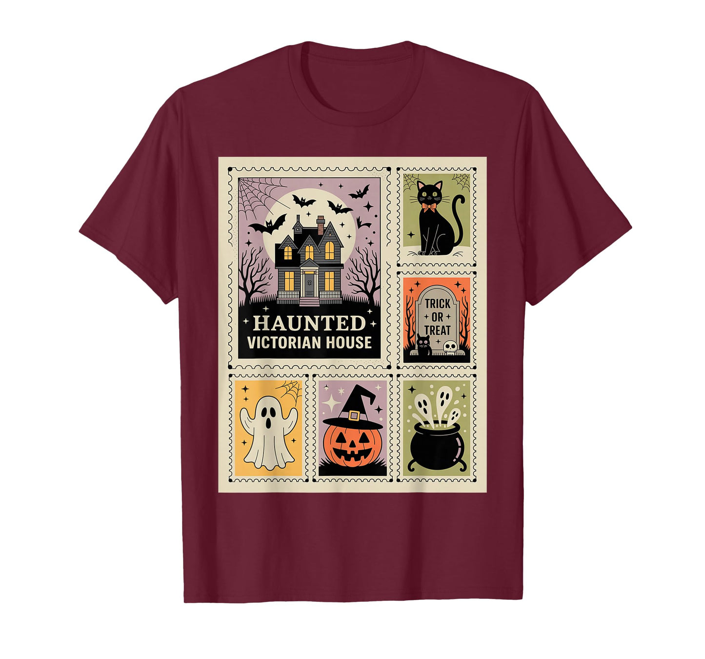 Halloween Postage Stamps Haunted House Cat Ghost Witch Grave T-Shirt