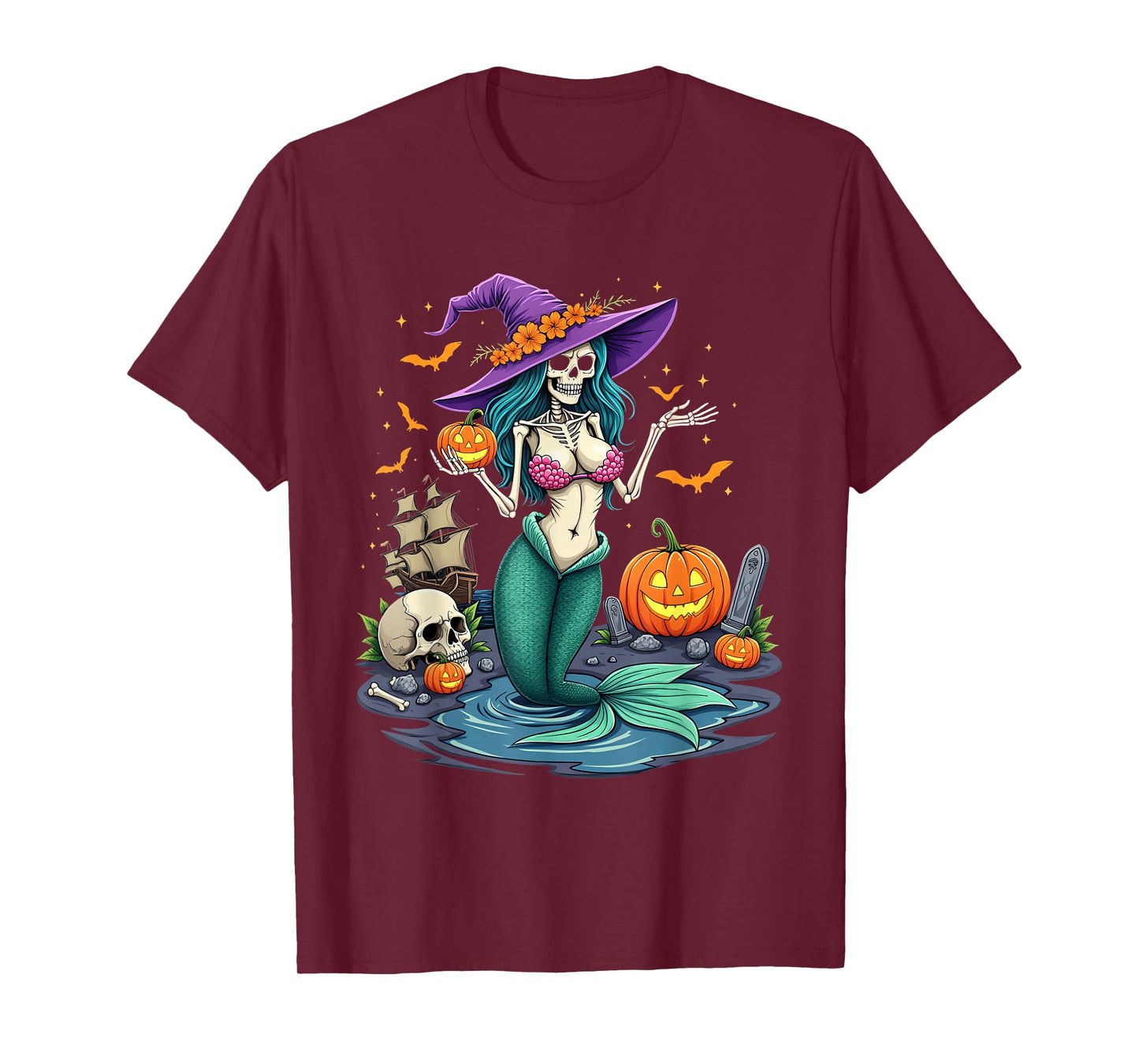 Skeleton Mermaid Witch Pumpkin Ship Halloween T-Shirt