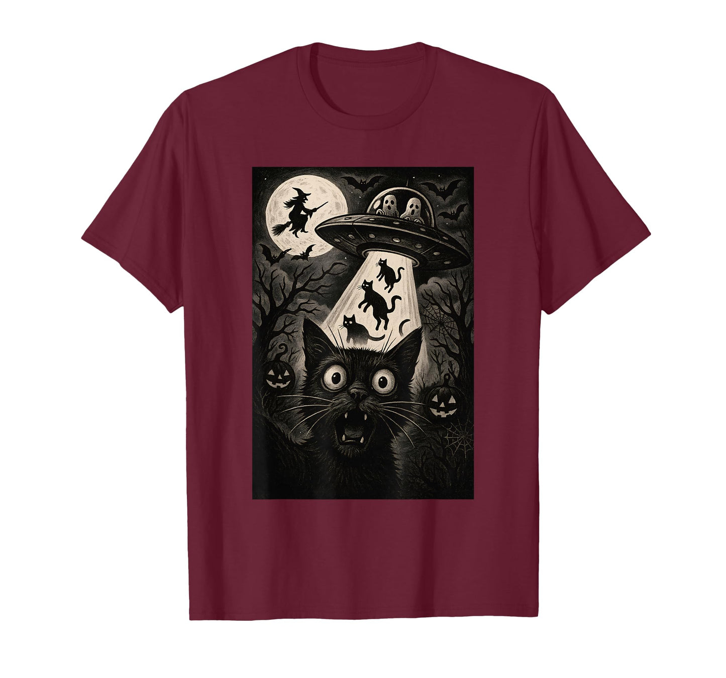 Halloween Cat Selfie Scary Alien Abduction Cats UFO Flying T-Shirt