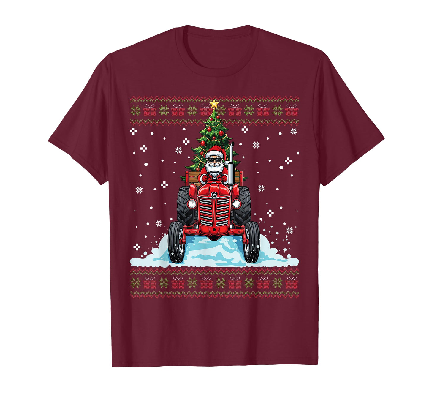 Santa Riding Tractor Christmas Tree Funny Ugly Christmas T-Shirt