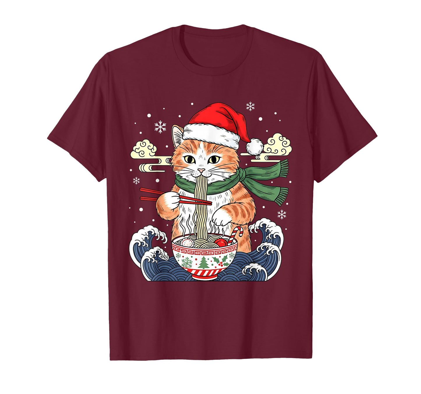 Funny Christmas Ramen Cat Eating Noodles Japanese Kawaii Cat T-Shirt