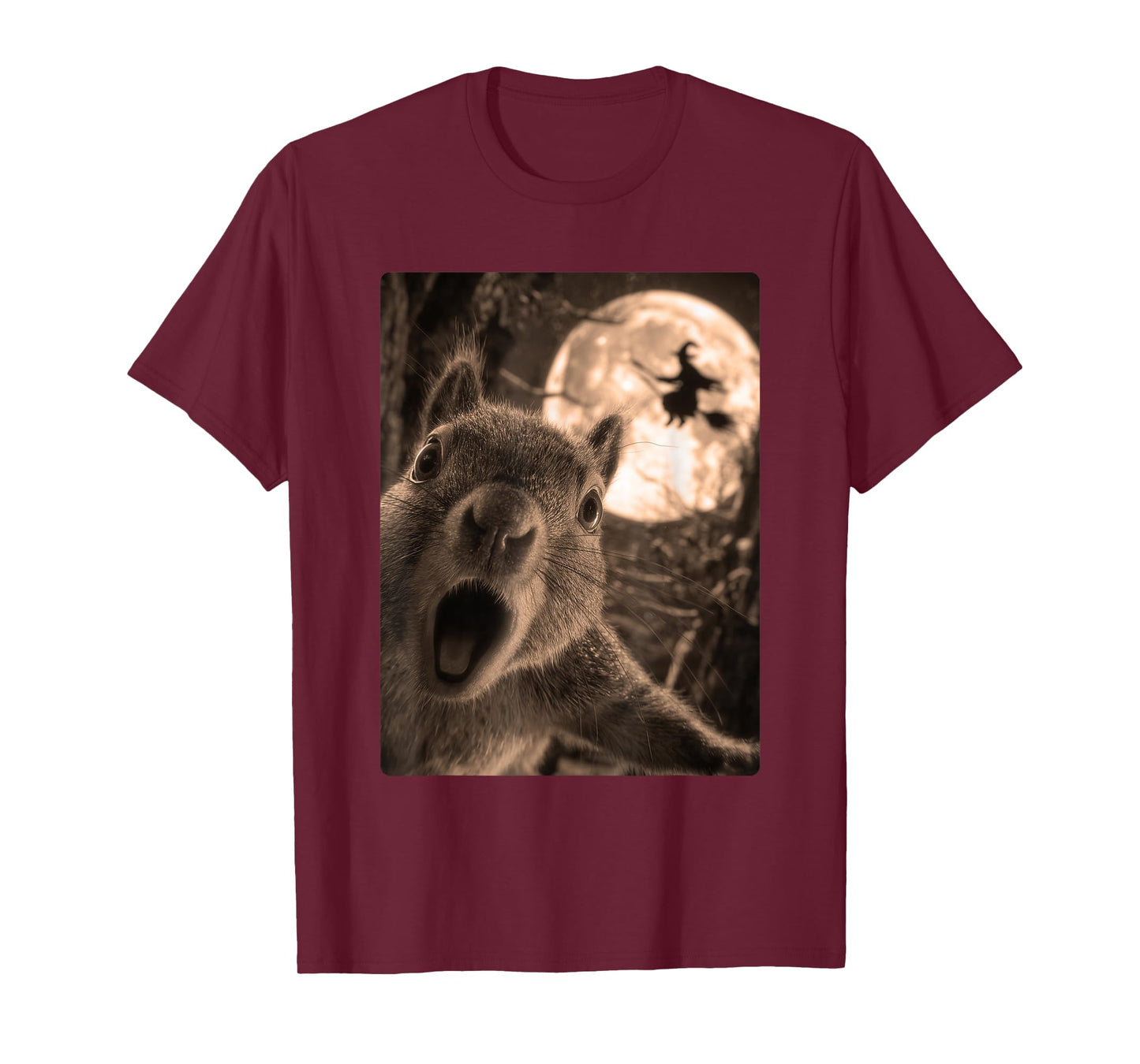 Funny Squirrel Selfie with Full Moon Flying Witch Halloween T-Shirt