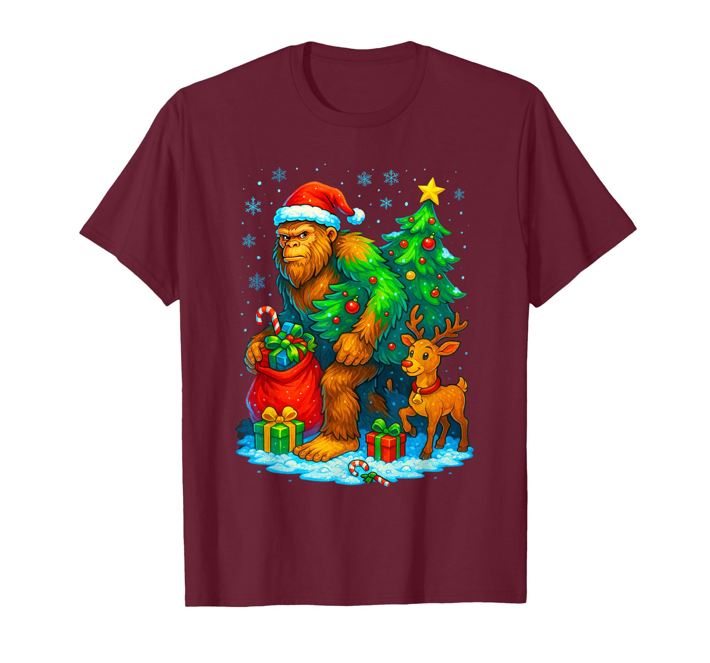 Santa Bigfoot Christmas Tree Reindeer Funny Sasquatch T-Shirt
