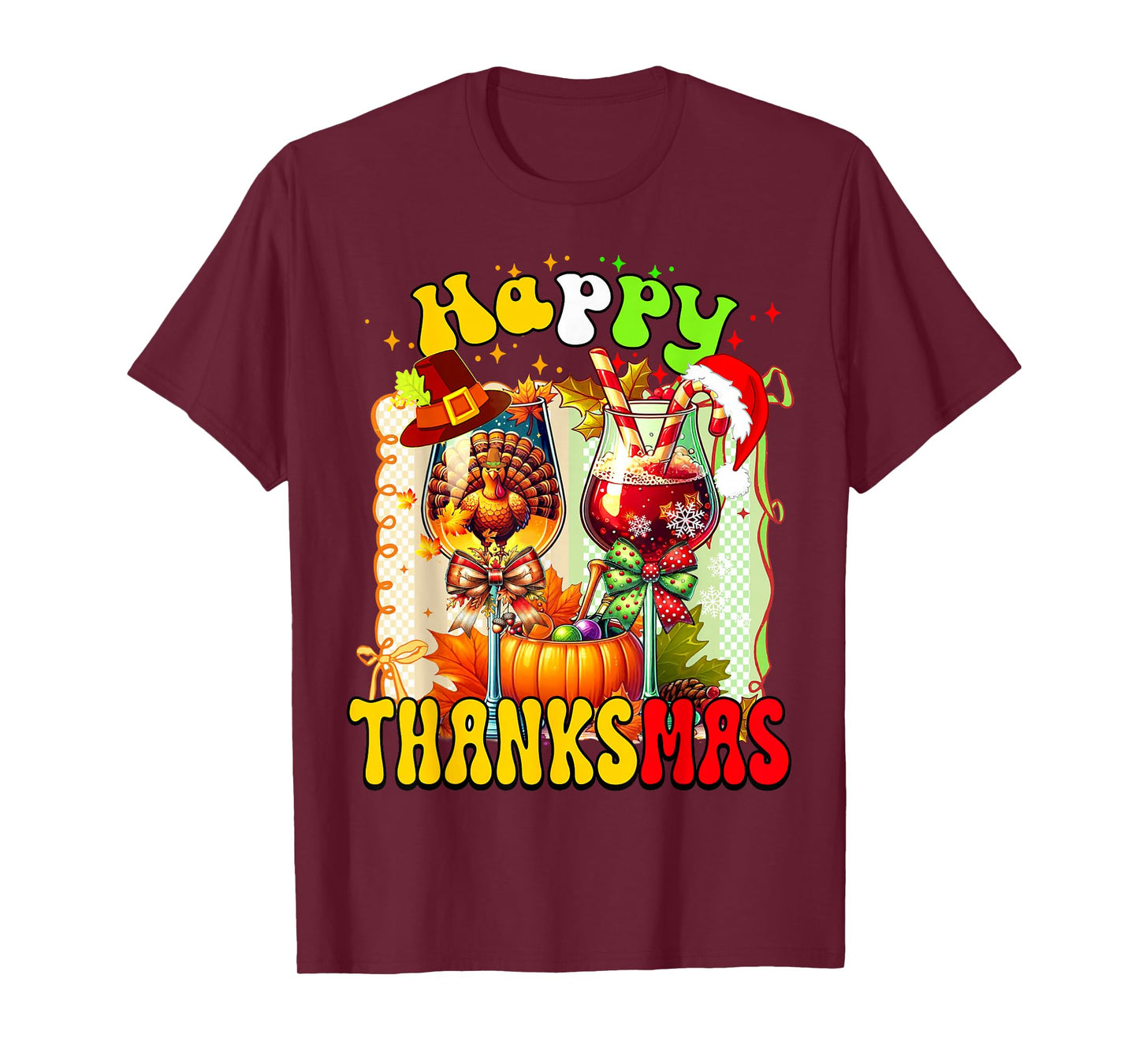 Happy Thanksmas Two Wine Glass Thanksgiving Christmas Pajama T-Shirt