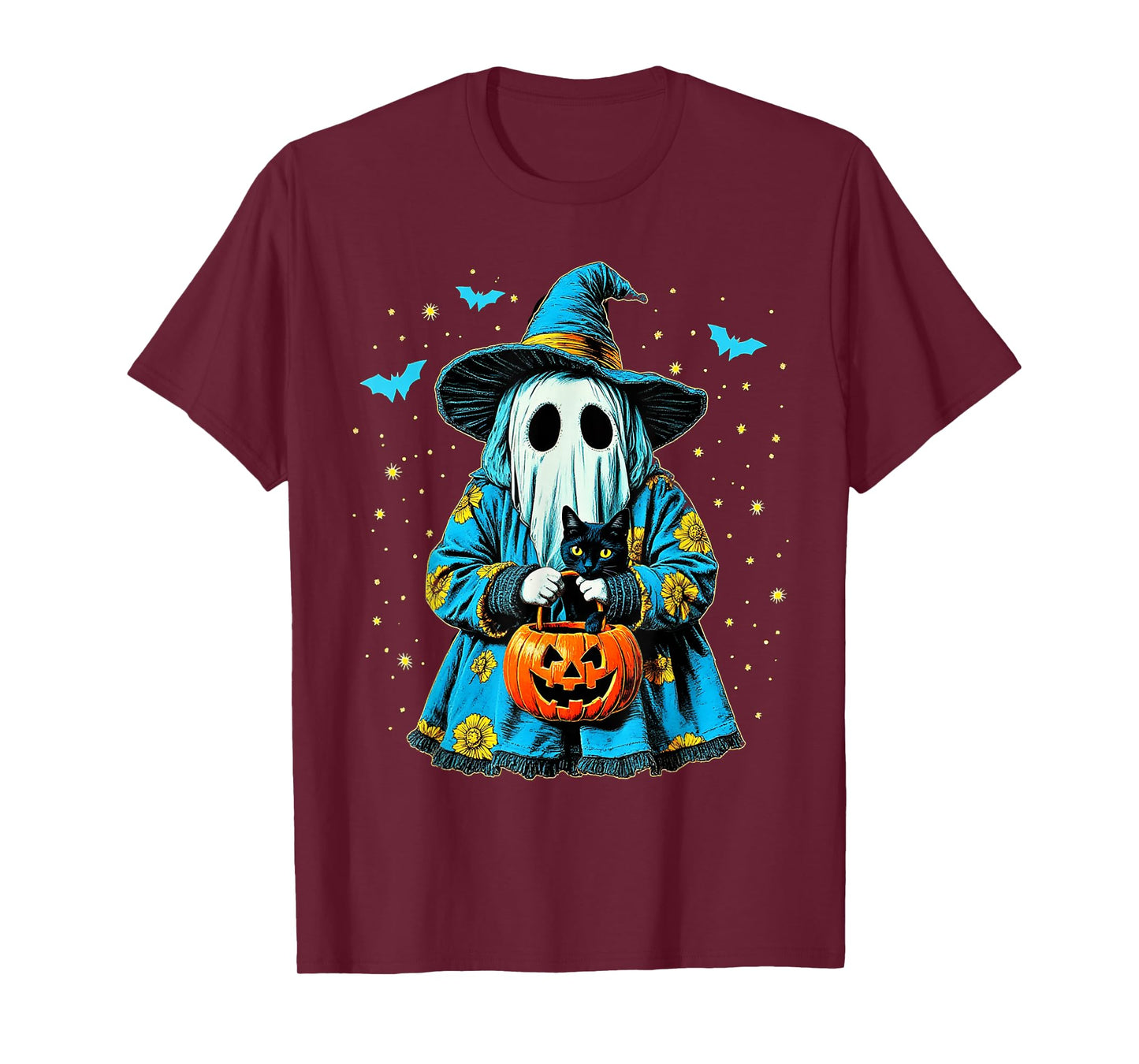 Ghost Holding Black Cat Lover Halloween 2025 Groovy Floral T-Shirt