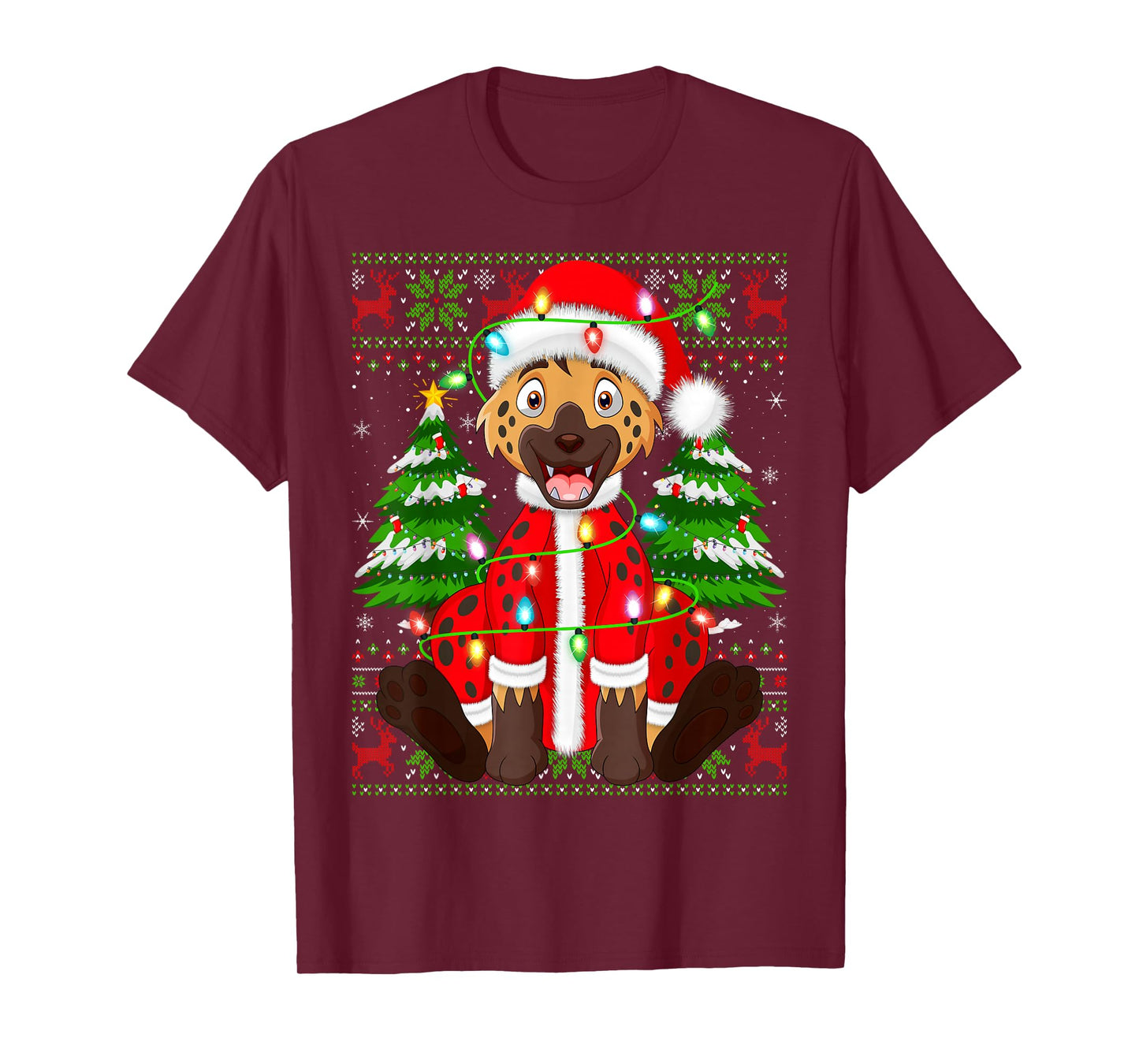 Funny Hyena Christmas Lights Santa Costume Ugly Xmas Sweater T-Shirt