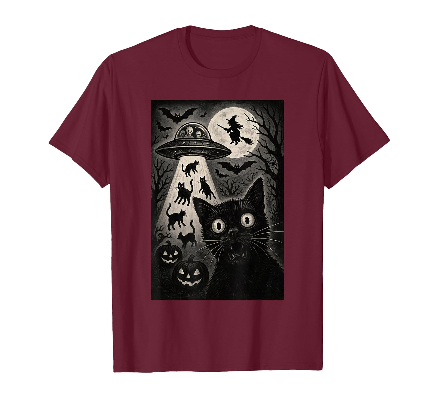Halloween Cat Selfie Spooky Night Alien Abduction Cats UFO T-Shirt