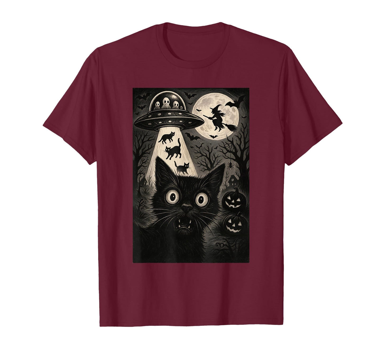 Halloween Cat Selfie Spooky Alien Abduction Cats UFO Flying T-Shirt