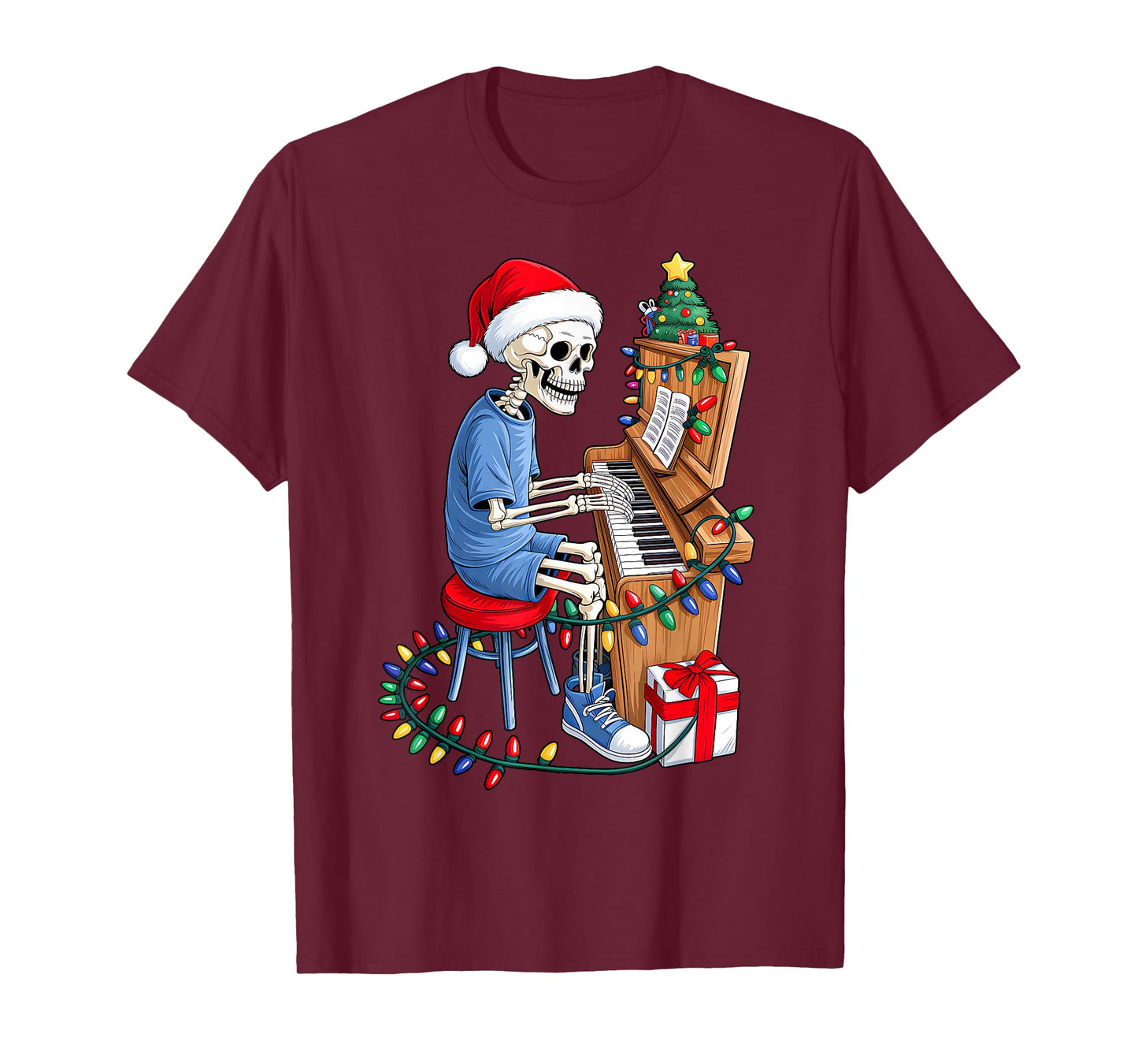 Xmas Santa Skeleton Playing Piano Funny Christmas Boys Kids T-Shirt