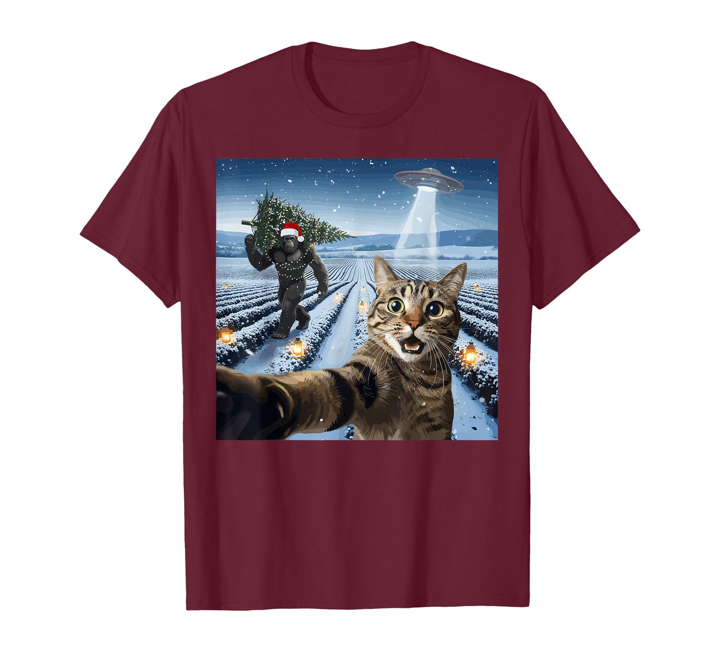 Christmas Cat Selfie Bigfoot UFO Winter Lights T-Shirt