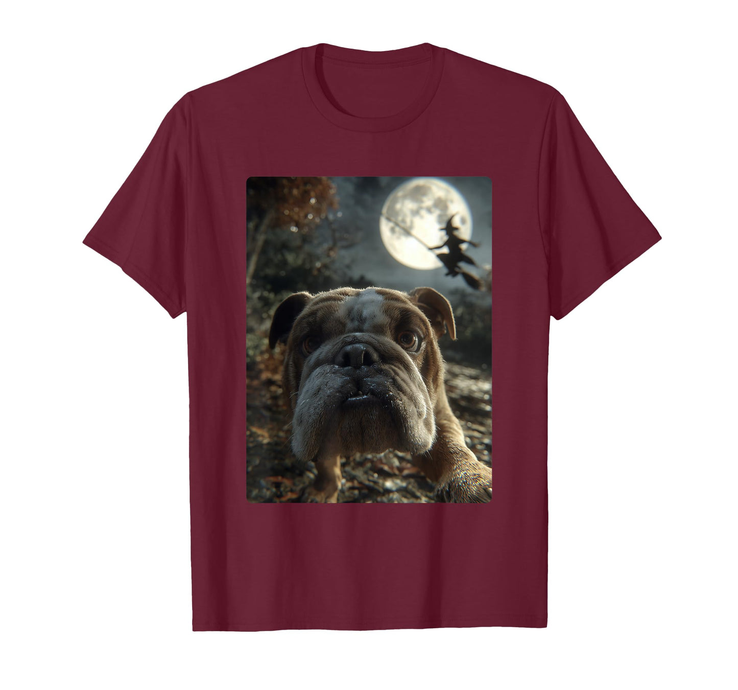 British Bulldog Selfie Full Moon Flying Witch Halloween Dog T-Shirt
