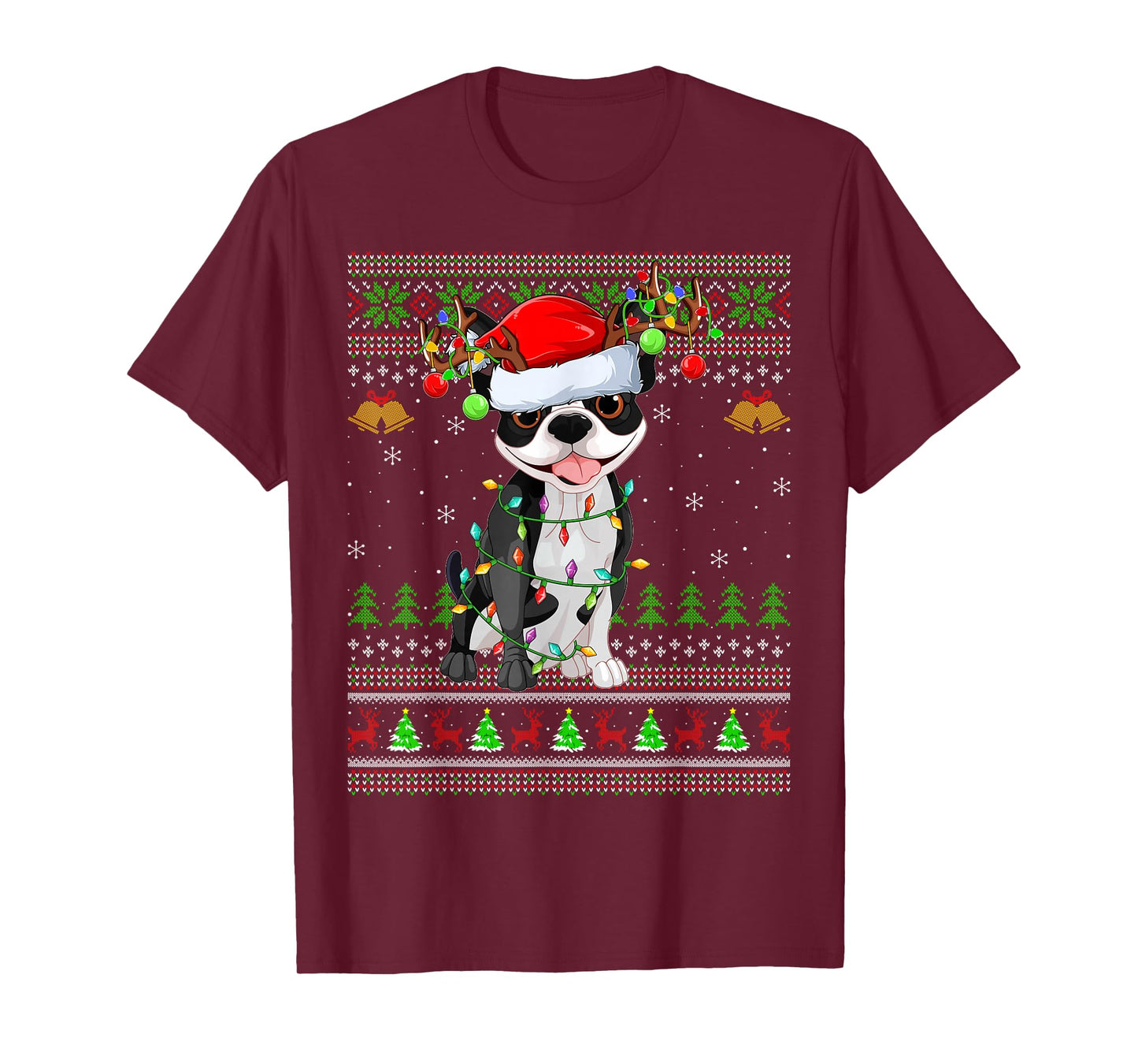 Boston Terrier Dog Ugly Christmas Sweater Holiday Santa Xmas T-Shirt
